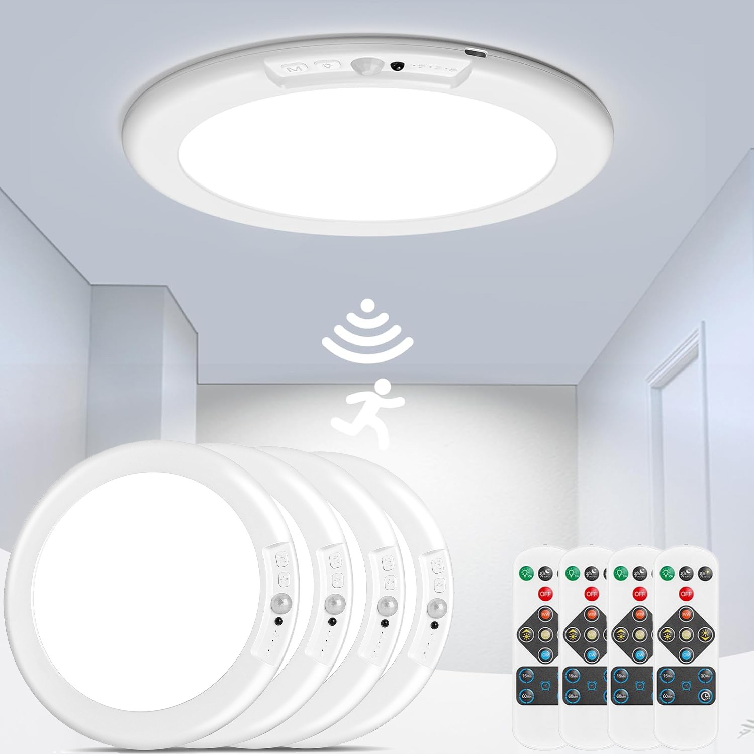 4X Rechargeable Motion Sensor Ceiling Light with Remote,Battery Powered Wireless