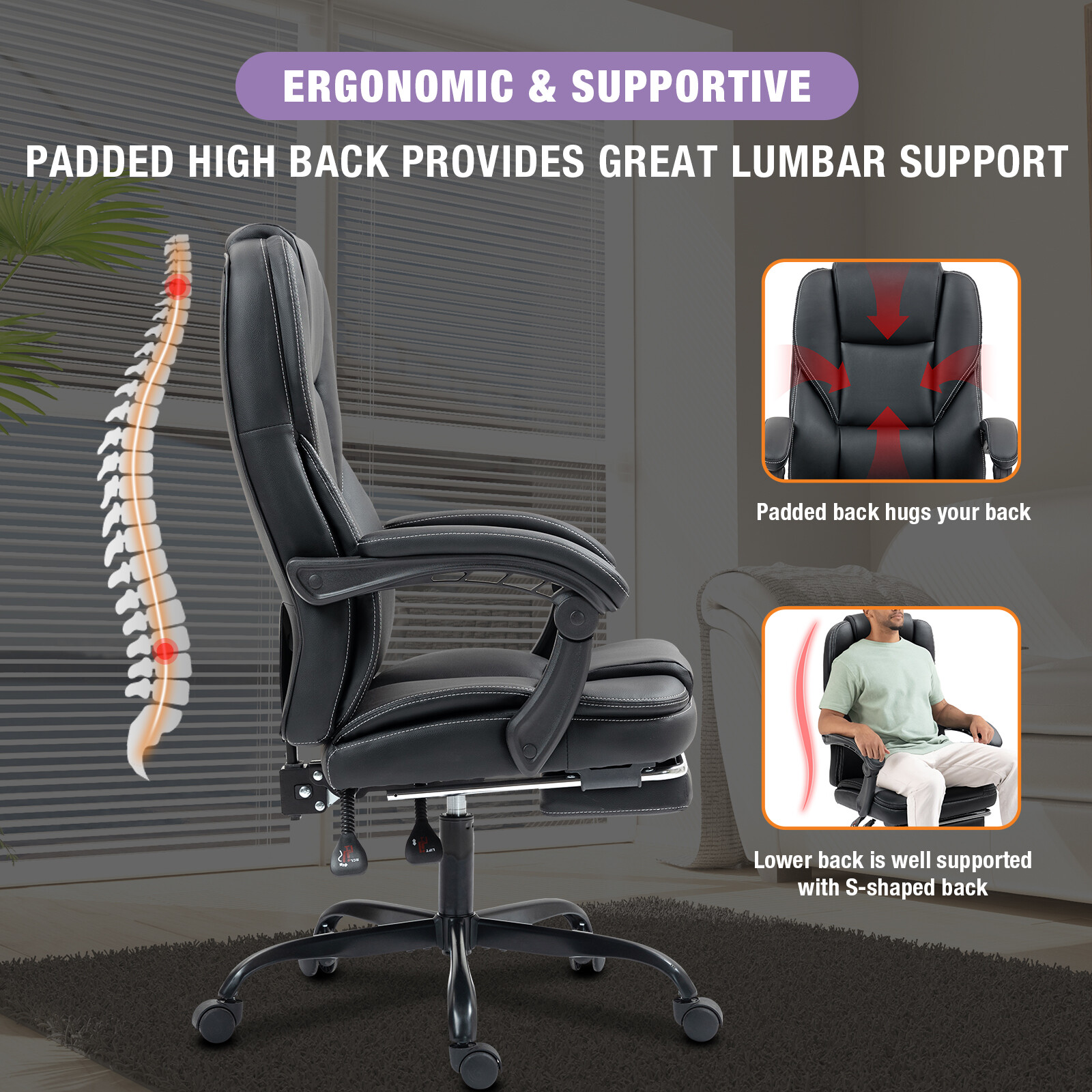 Big and Tall Executive Office Chair with Footrest, Ergonomic Recliner Desk Chair