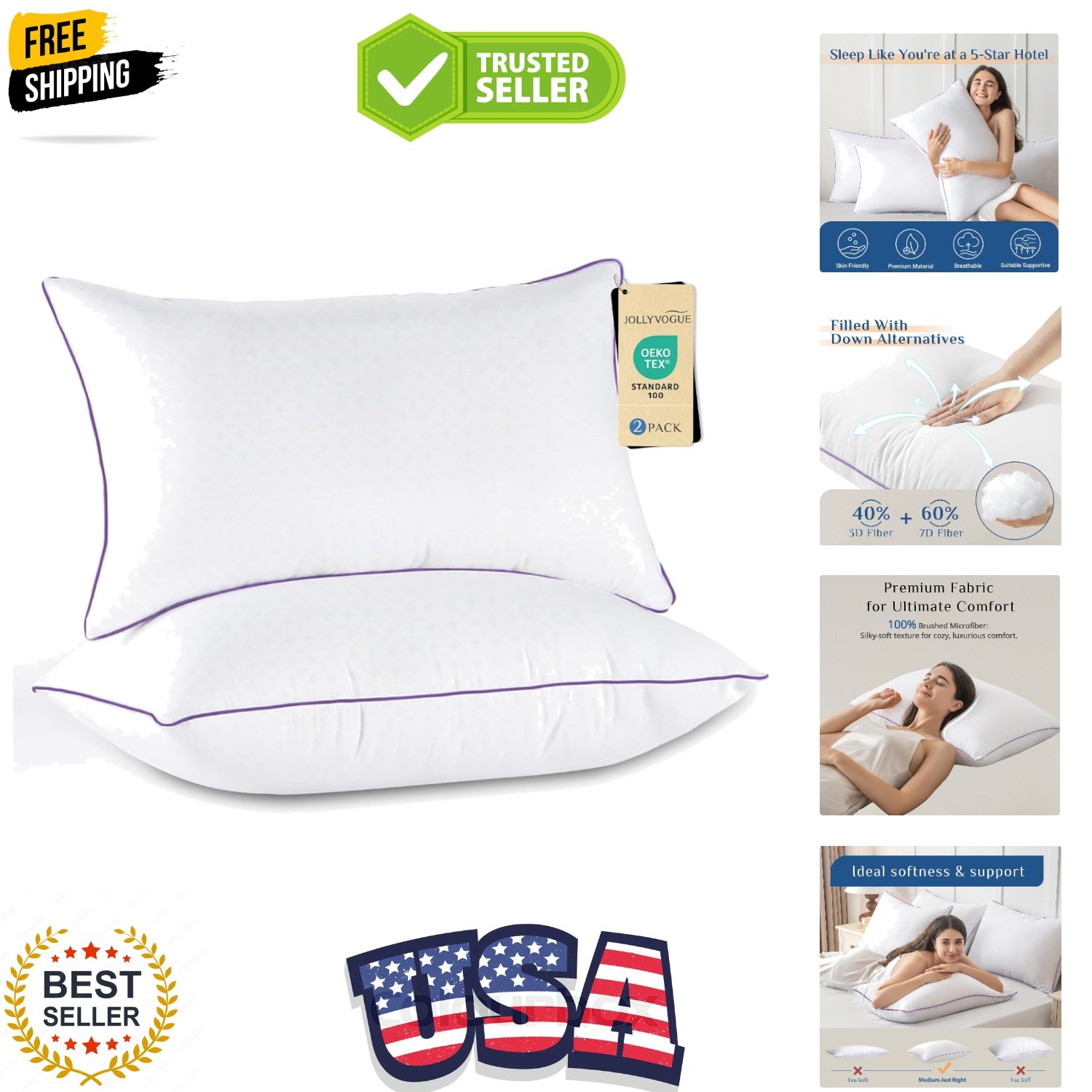 Firm Pillows Queen Size Set of 2, Supportive Bed Pillows with Oeko-Tex Certif...