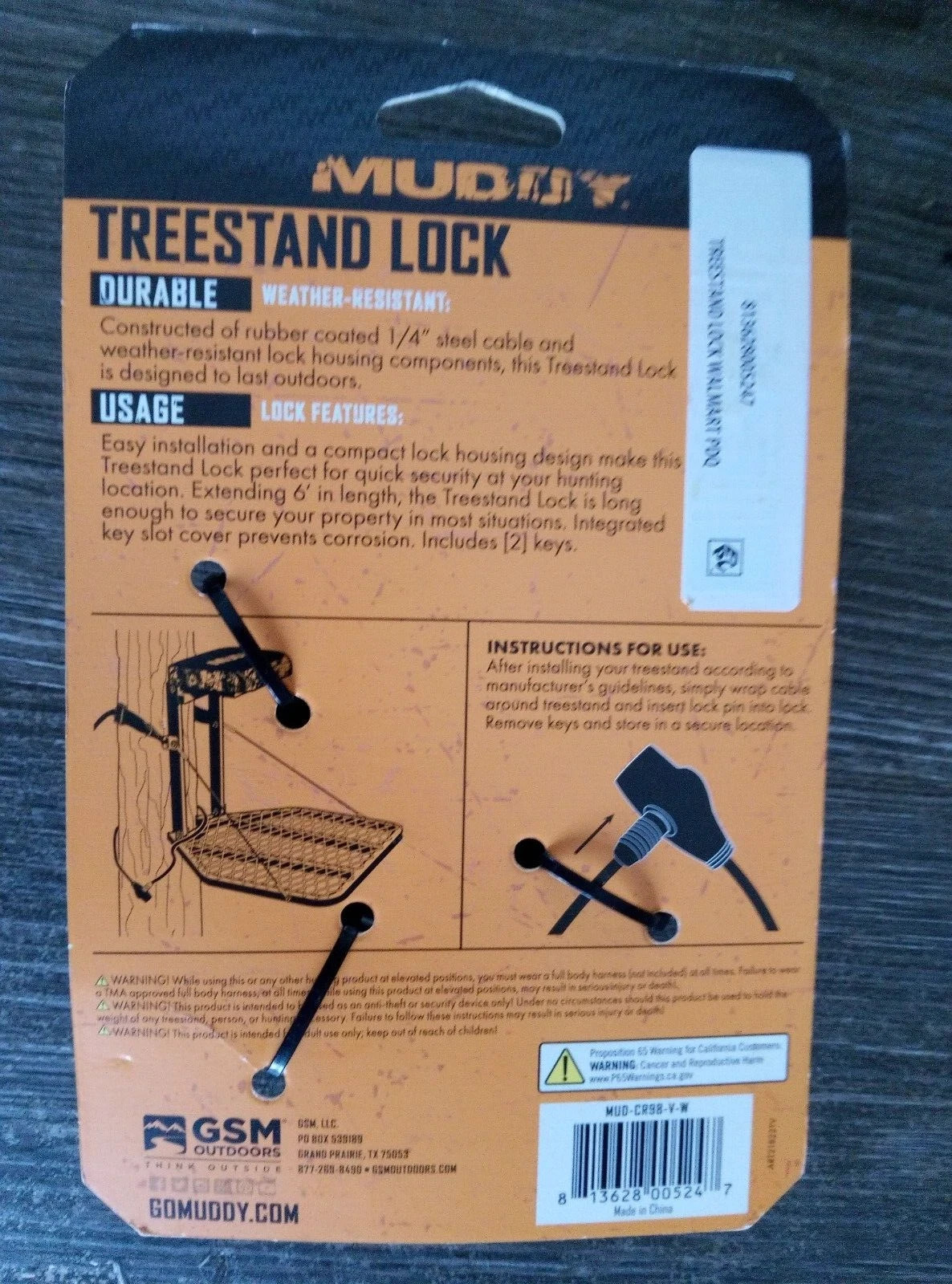 Muddy Treestand Lock 2 Keys & Coated 6’ Cable