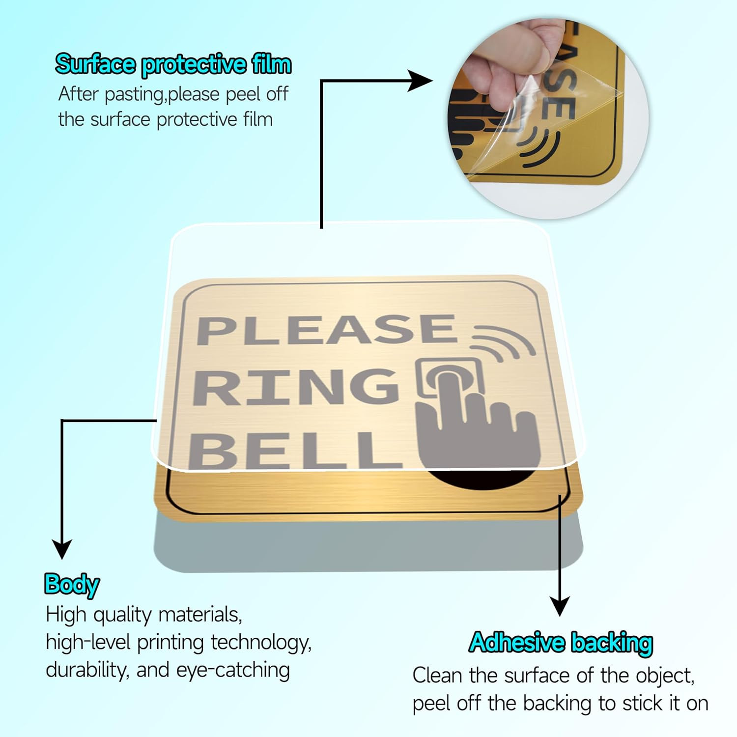 4PCS Please Ring Doorbell Sign Sticker，Self-Adhesive Waterproof Brushed Gold Ple
