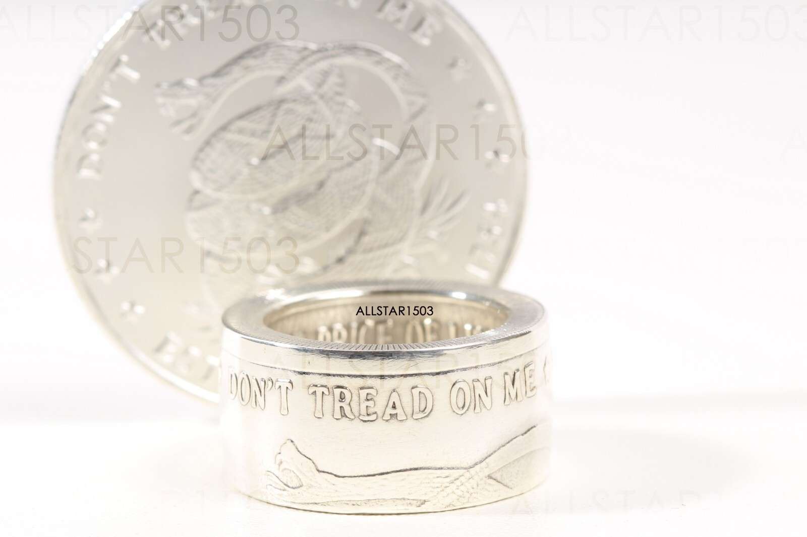 Don't Tread on Me Handcrafted .999 Silver Ring from 1 oz Round -Polished Finish