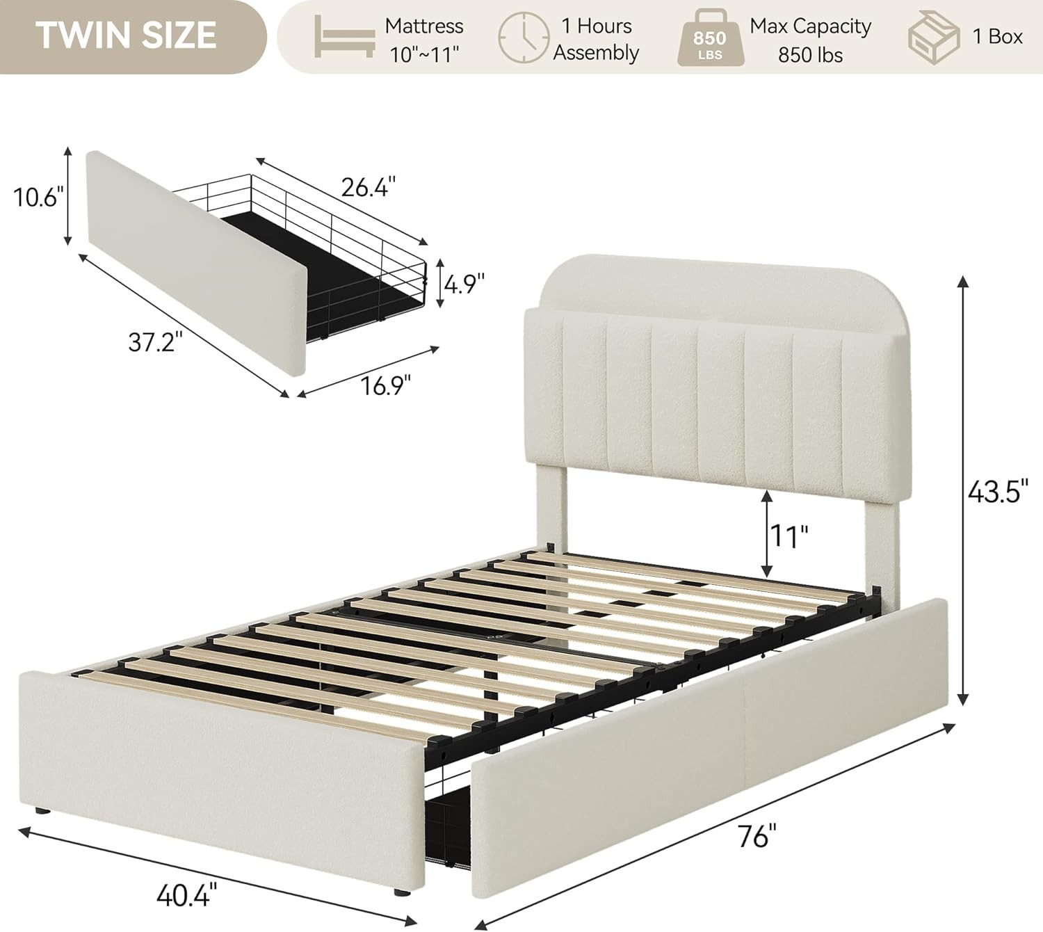 Full Queen Metal Bed Frame with Storage Drawers & Upholstered Storage Headboard