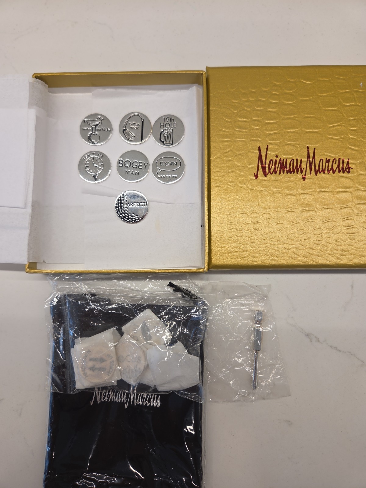 Newman Marcus 14 Silver Toned Golf Ball Markers with Cloth Pouch and Box