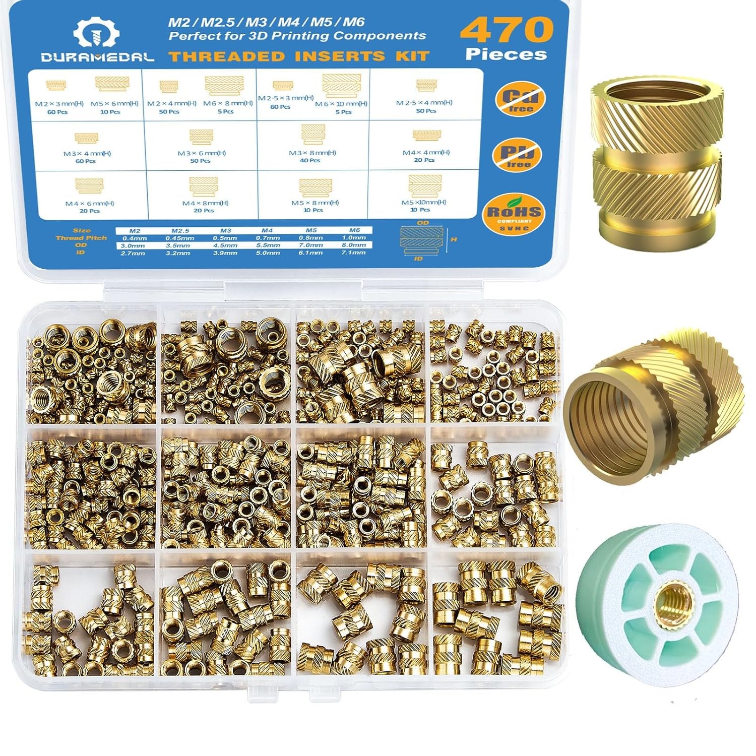 470 Pcs M2 M2.5 M3 M4 M5 M6 Brass Threaded Inserts for 3D Printing,Plastic Parts