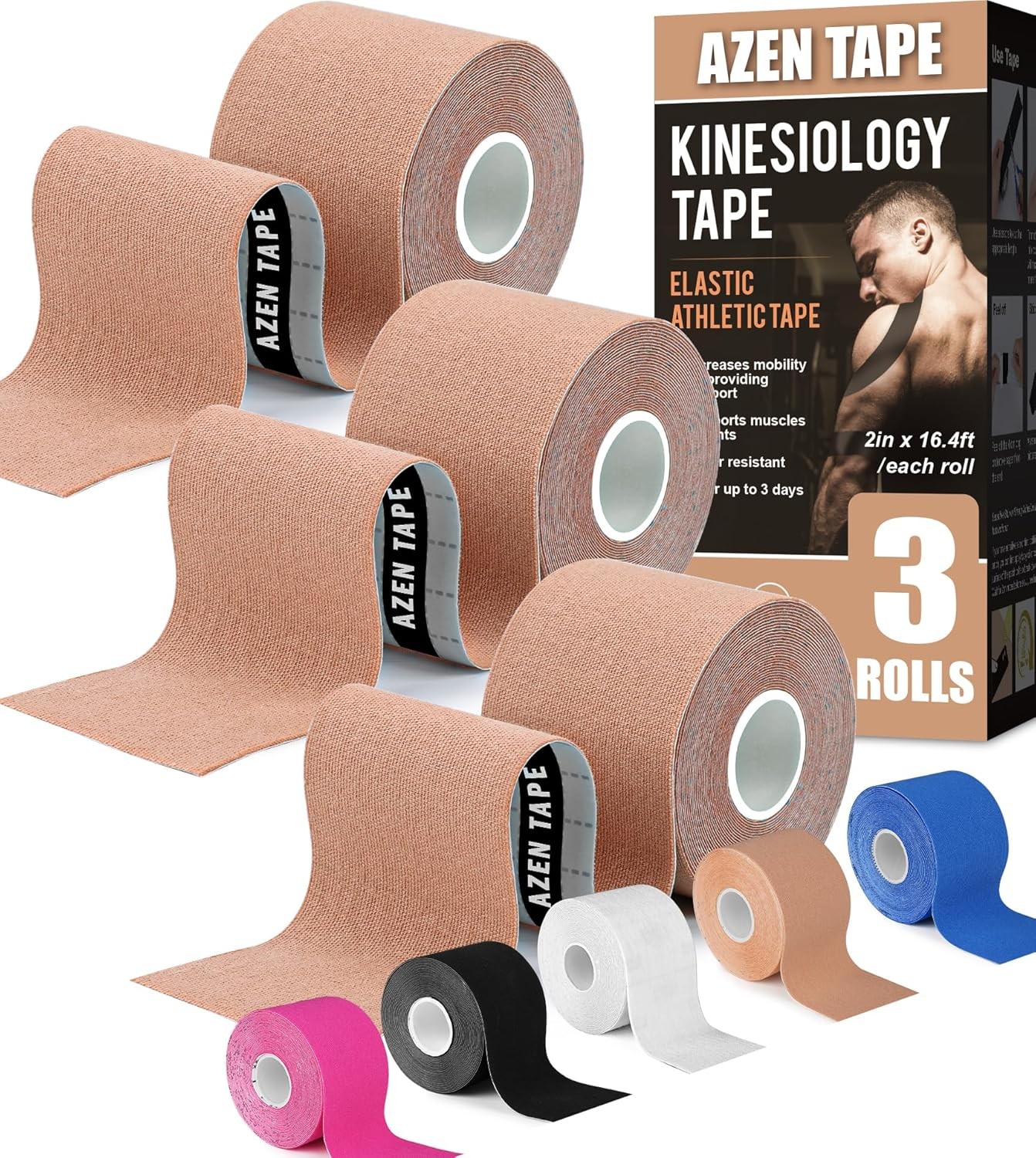 AZEN 3 Rolls Kinesiology Tape, 16.4 ft Waterproof Kinetic Tape for Joints Suppor
