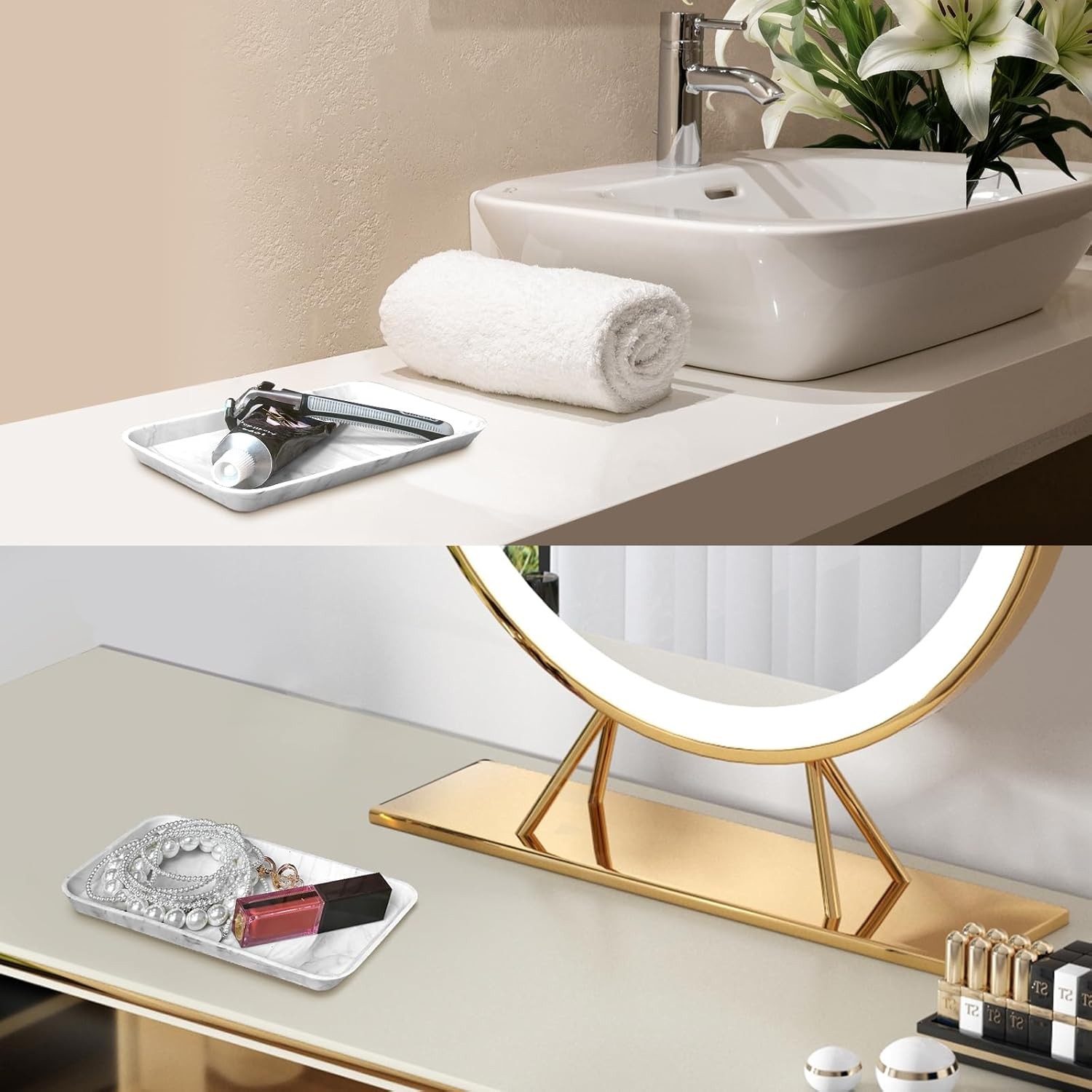 2 Pcs Countertop Vanity Tray, Bathroom Silicone Shatterproof Marble