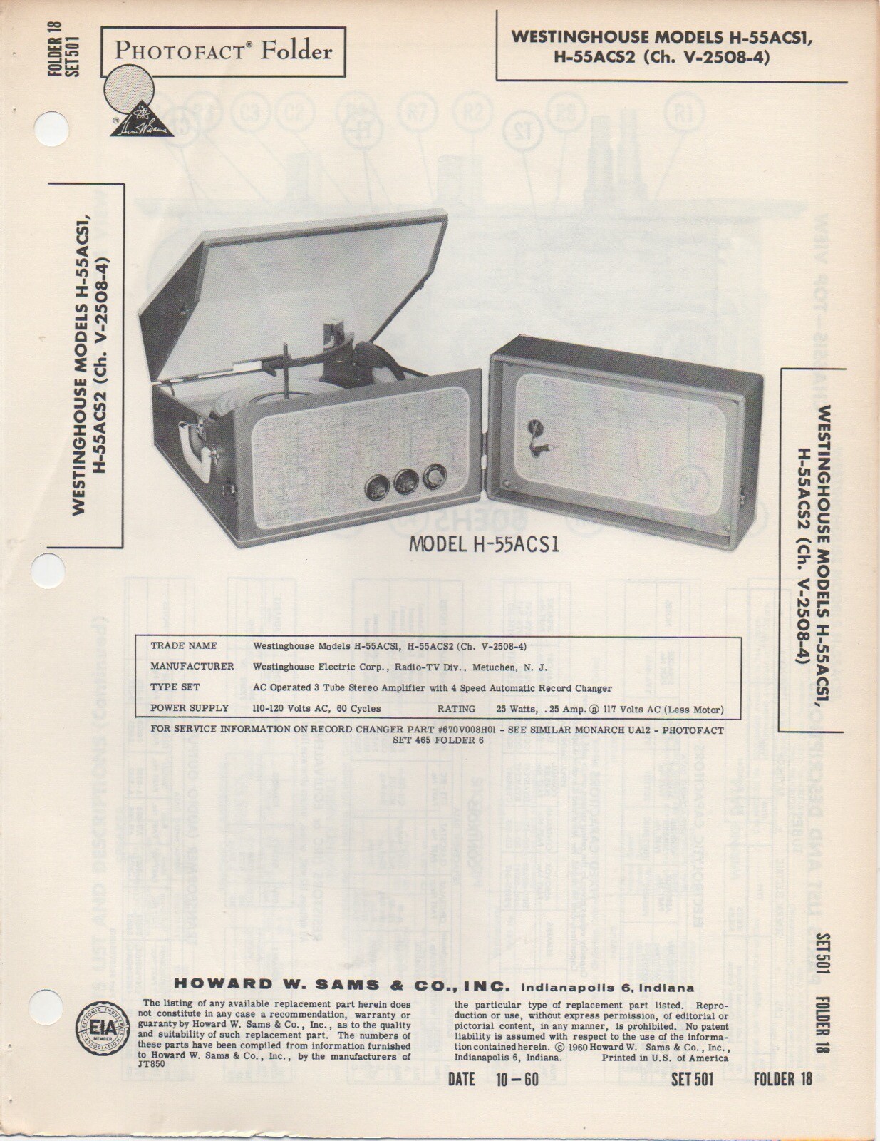 1960 WESTINGHOUSE H-55ACS1 55ACS2 PHONOGRAPH SERVICE MANUAL PHOTOFACT SCHEMATIC