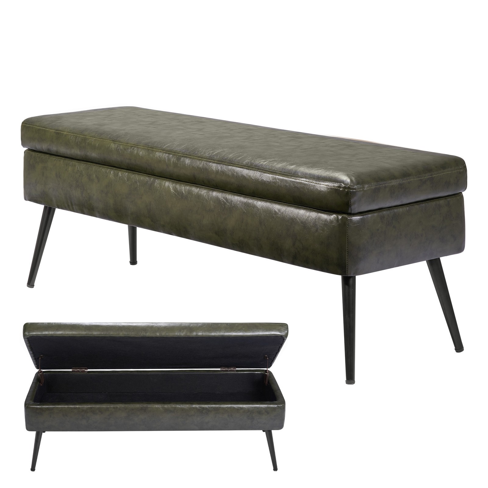 Uimoso Green PU Leather Ottoman Bench with Storage and Metal Legs