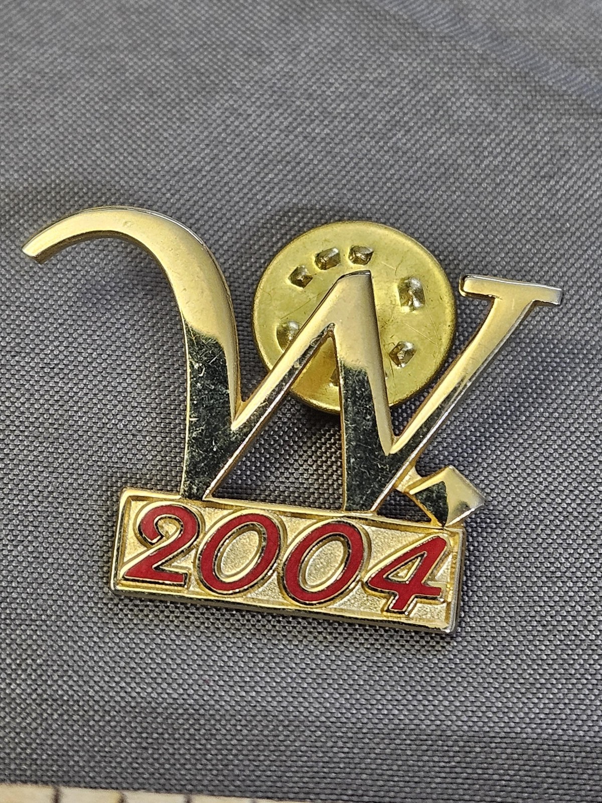 Vintage W 2004 Lapel Pin Gold Tone Red Enamel Tack Pin Butterfly Clutch Back
