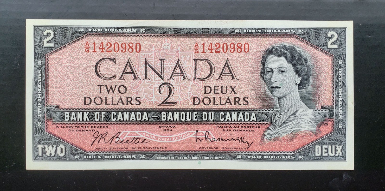 1954 Bank of Canada $2 Beattie & Rasminsky Signature A/G1420980 BC-38b