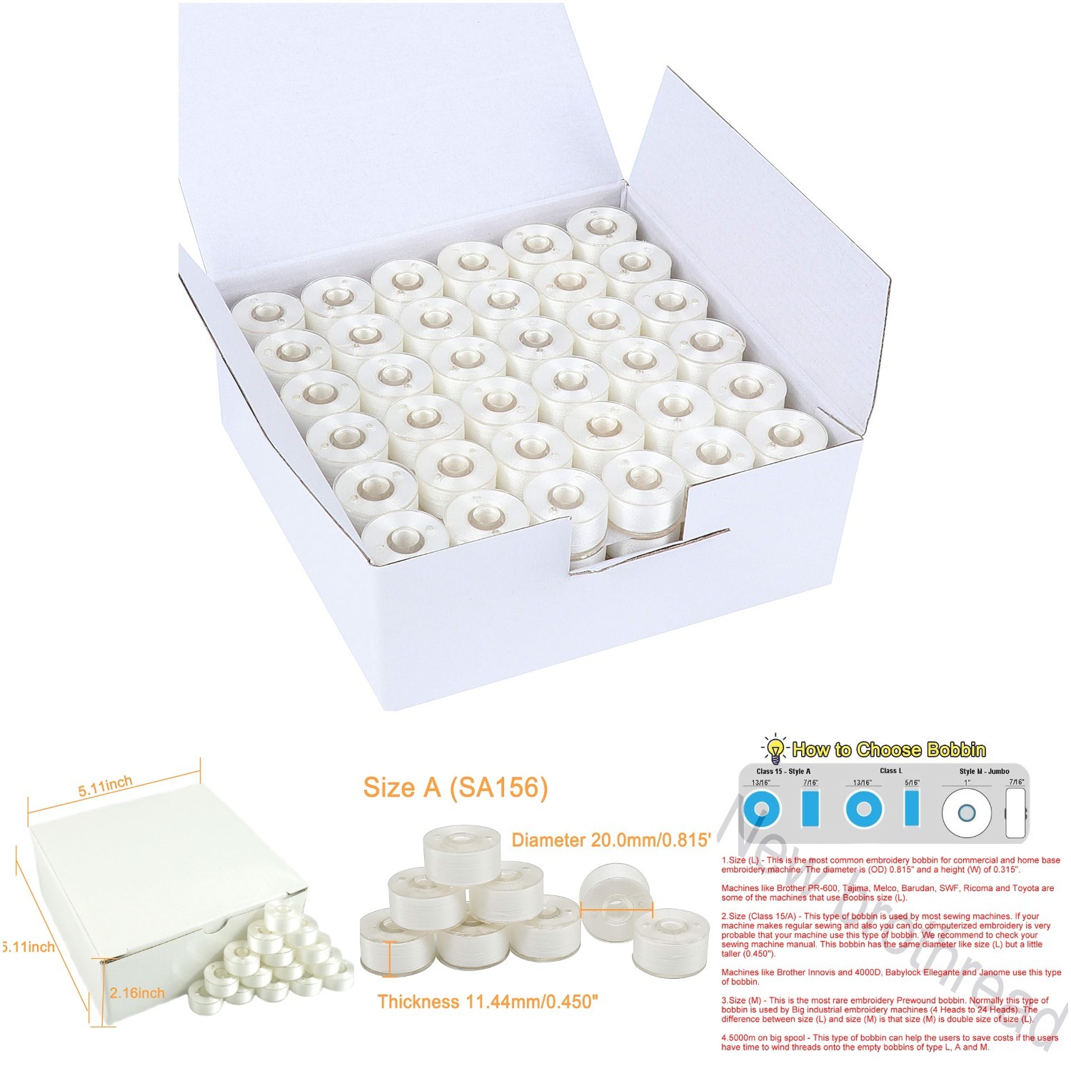 144pcs White 70D/2(60WT) Prewound Bobbin Thread Plastic Polyester