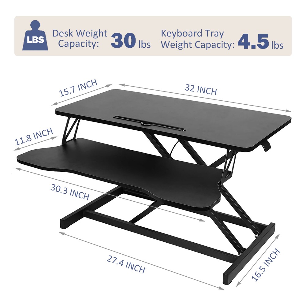 32 Inch Height Adjustable Sit Stand Desk Converter Riser Black