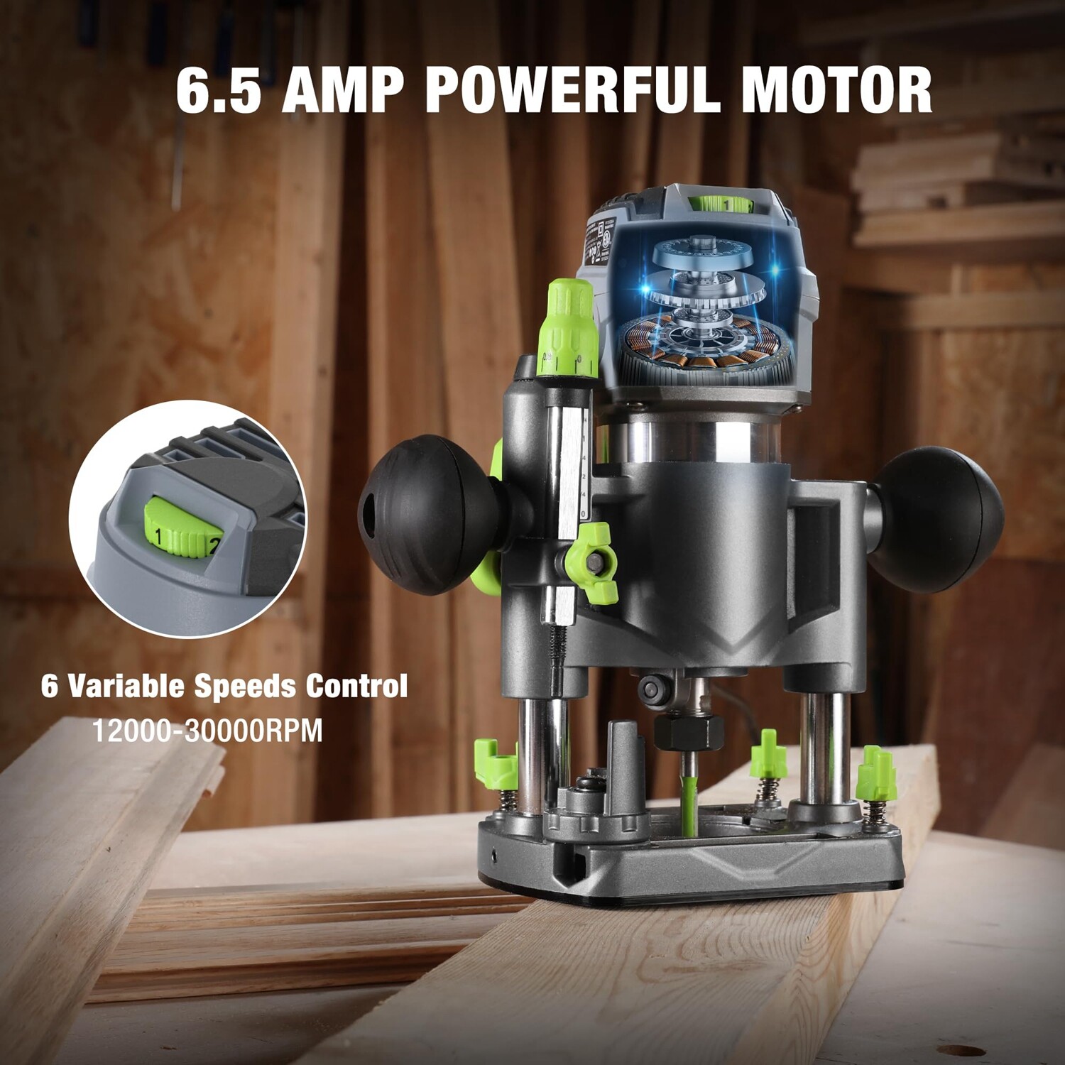WORKPRO 6.5 Amp Compact Router Combo Fixed Plunge Base Router 6 Speeds 32000 RPM