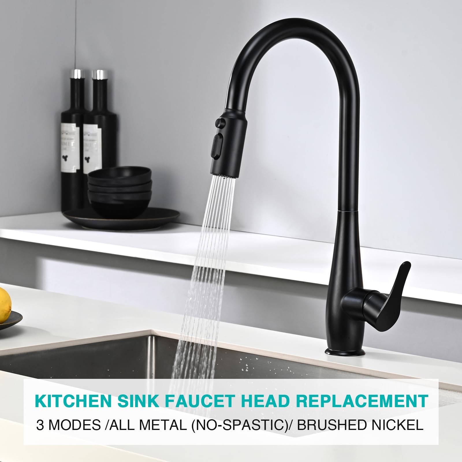 Stainless Steel Kitchen Faucet Head Replacement, Matte Black 3-Function Pull ...