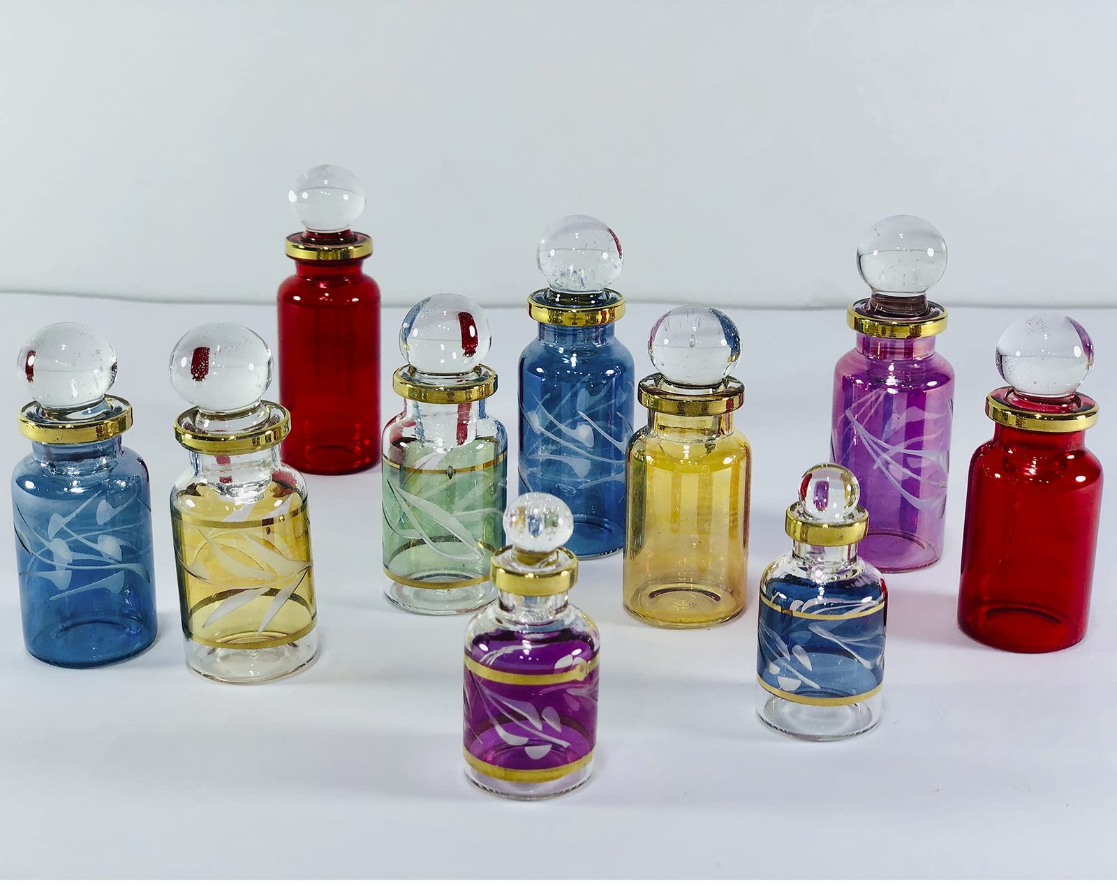 Egyptian Perfume Bottles, Assorted Colors & Sizes (1.5'-3.25') Set of 10, Gol...