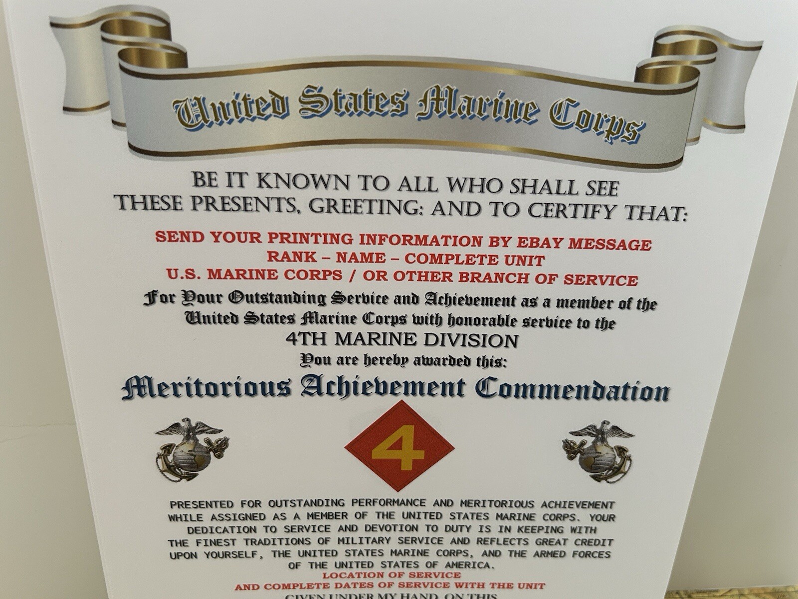 U.S. MARINE CORPS / 4TH MARINE DIVISION - MERITORIOUS ACHIEVEMENT COMMENDATION