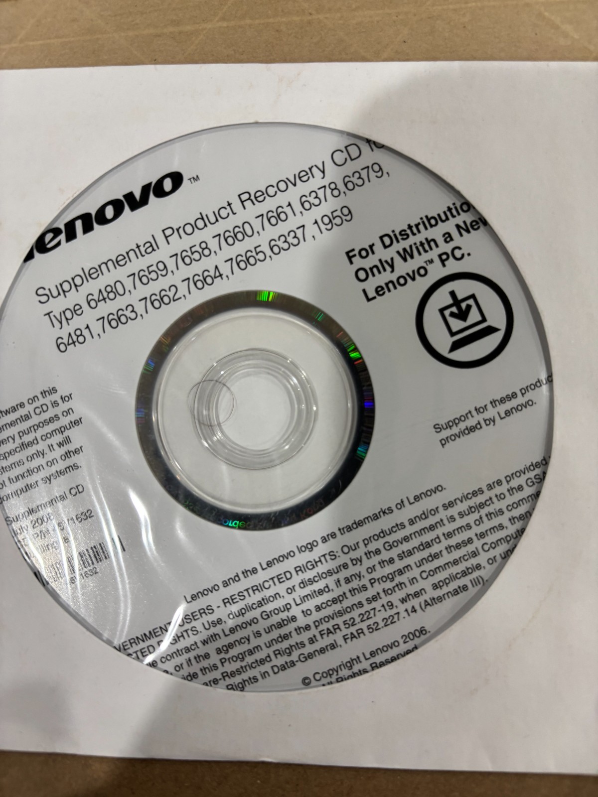 supplemental product recovery cd IBM Thinkpad July 2008