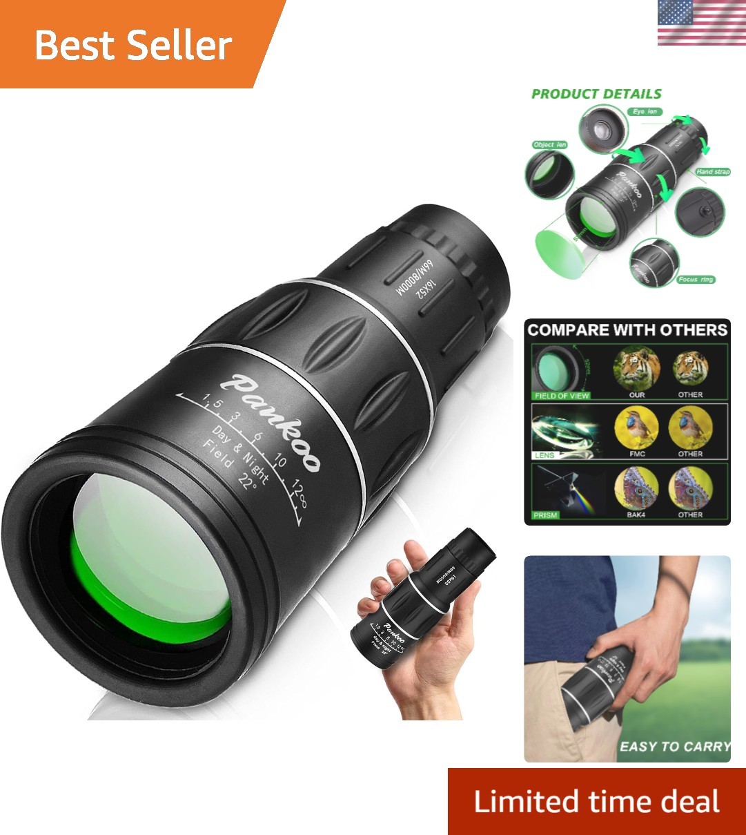 Compact 16x52 Monocular for Hiking & Wildlife Watching - Ideal Birthday Gifts