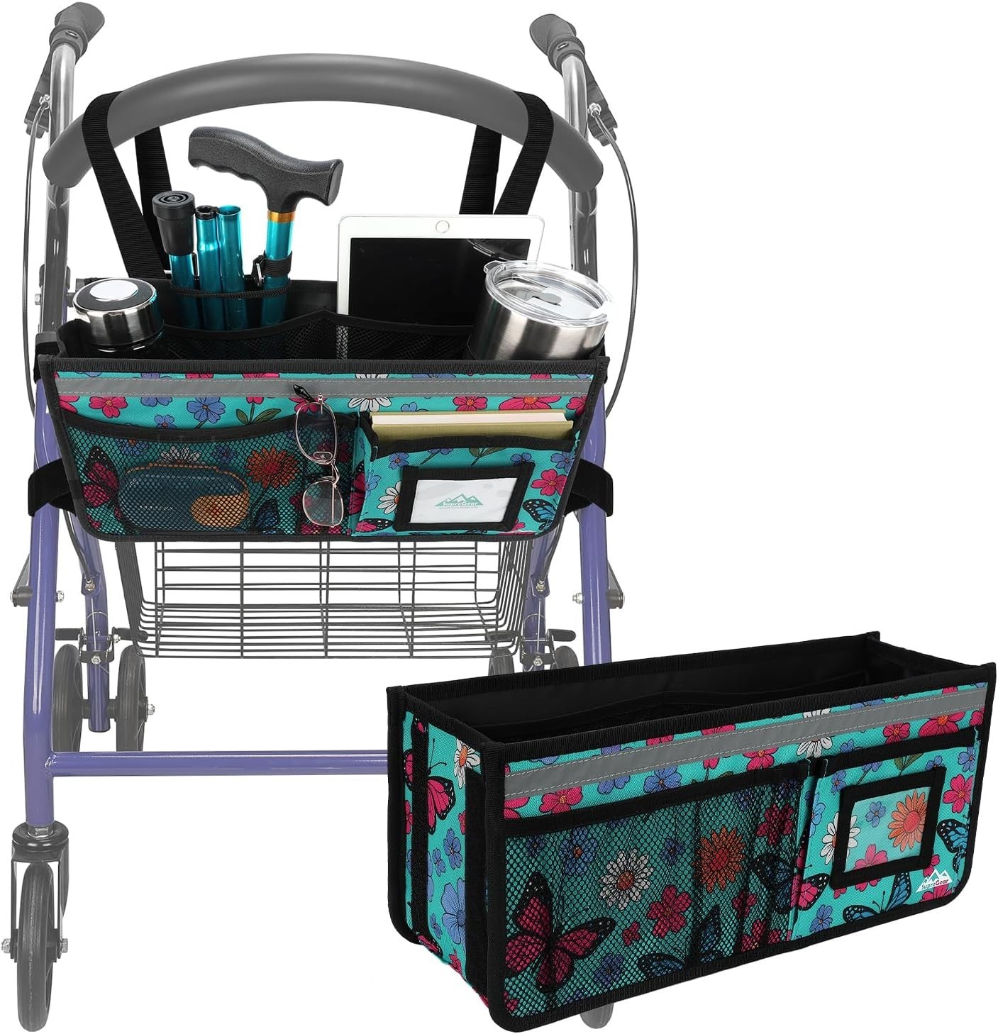 Rollator Basket, Rollator Walker Bag w/Cup Holder, Foldable Rolling Walker Wa...