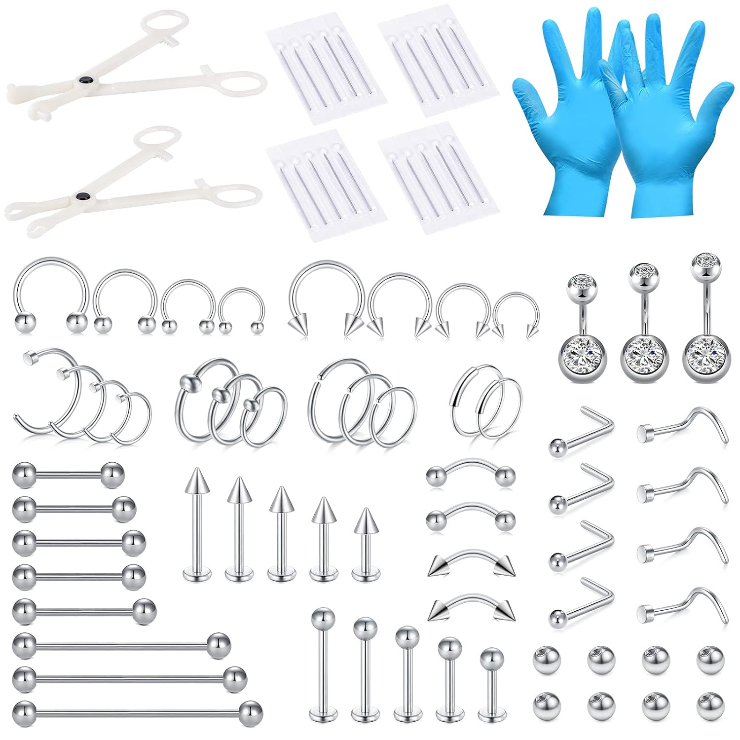 75PCS Mixed-Size Piercing Kit for All Piercing,316L Stainless Steel Piercing Kit