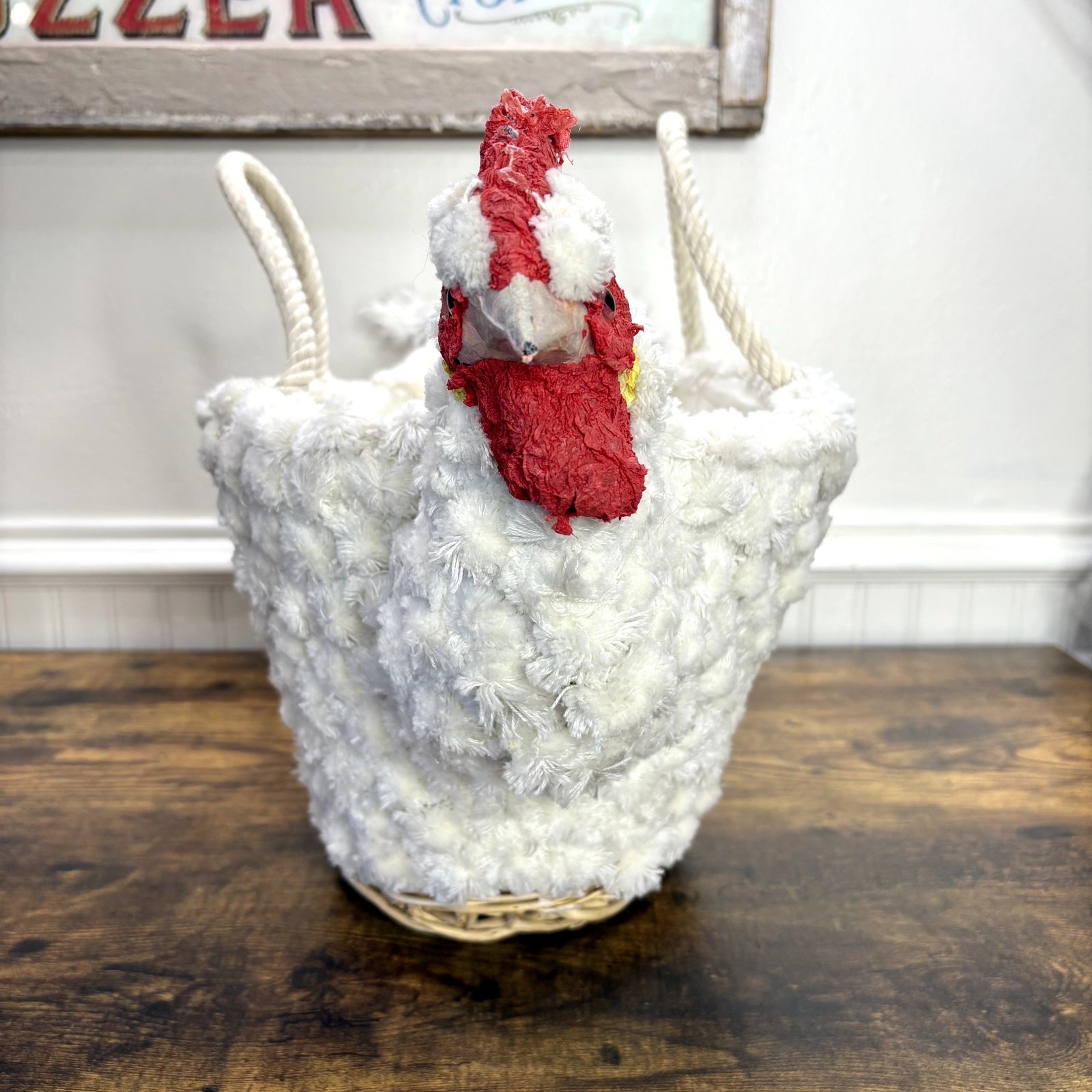 Hen Egg Gathering Basket Macrame Chicken Handmade Farmhouse Decor Rustic Large