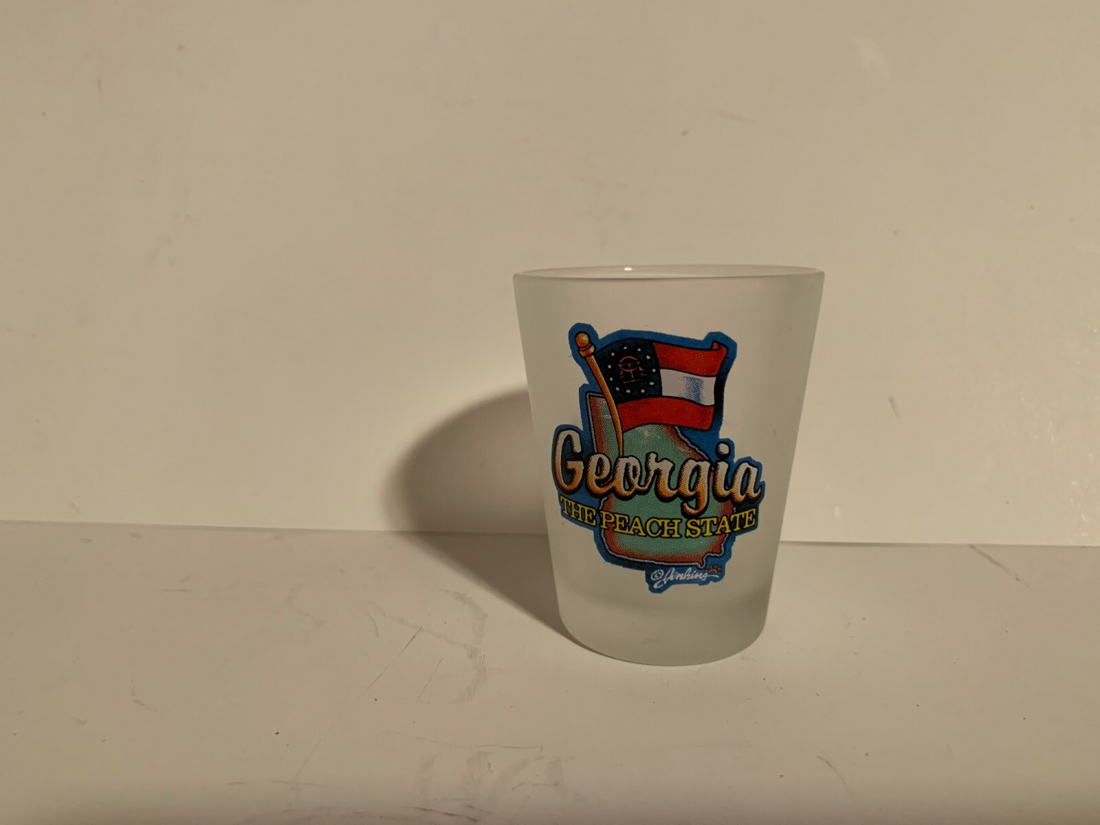 GEORGIA THE PEACH STATE FROSTED SHOT GLASS  ESTATE FIND  NICE OLD SHOT GLASS