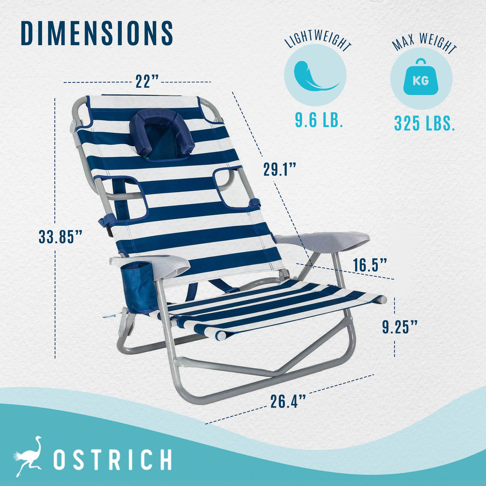 Ostrich On-Your-Back Outdoor Lounge 5 Position Recline Beach Chair (2 Pack)