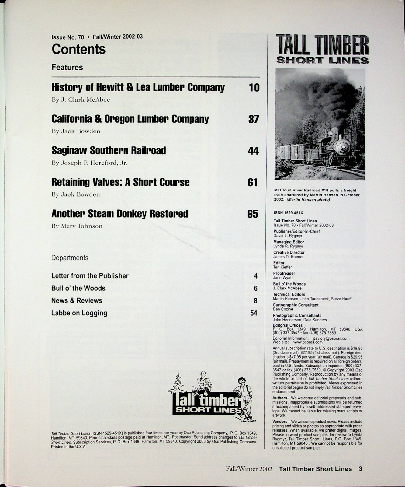 TALL TIMBER SHORT LINES MAGAZINE #70 FALL-WINTER 2002-03 LOGGING / MODELING