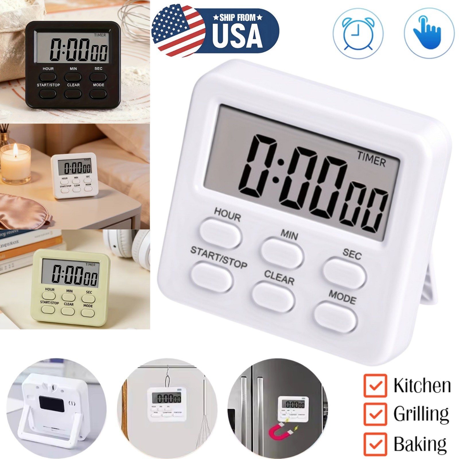 Digital Timer Stopwatch LCD Display Portable Alarm Clock Kitchen Timer Home Use