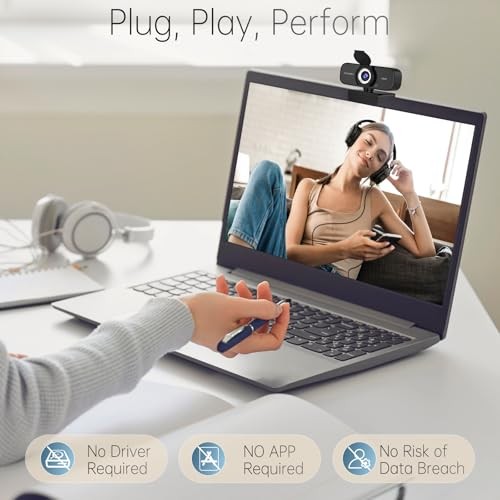 1080P HD Webcam with Noise-Canceling Mic, Auto Light Correction, Deep Black