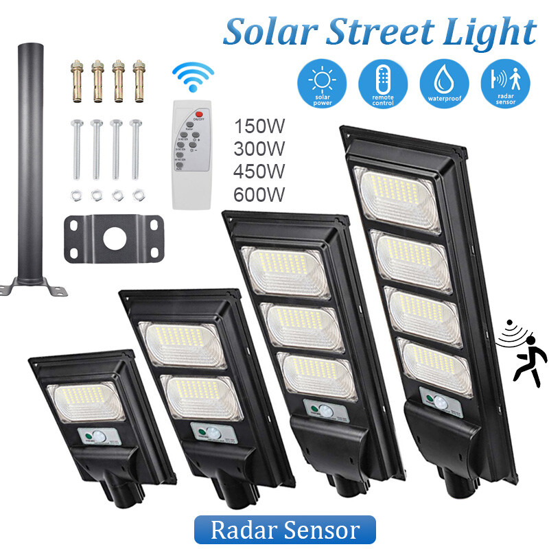 Commercial Outdoor 150-600W Dusk to Dawn Solar Street Light IP65 Road Lamp+Pole