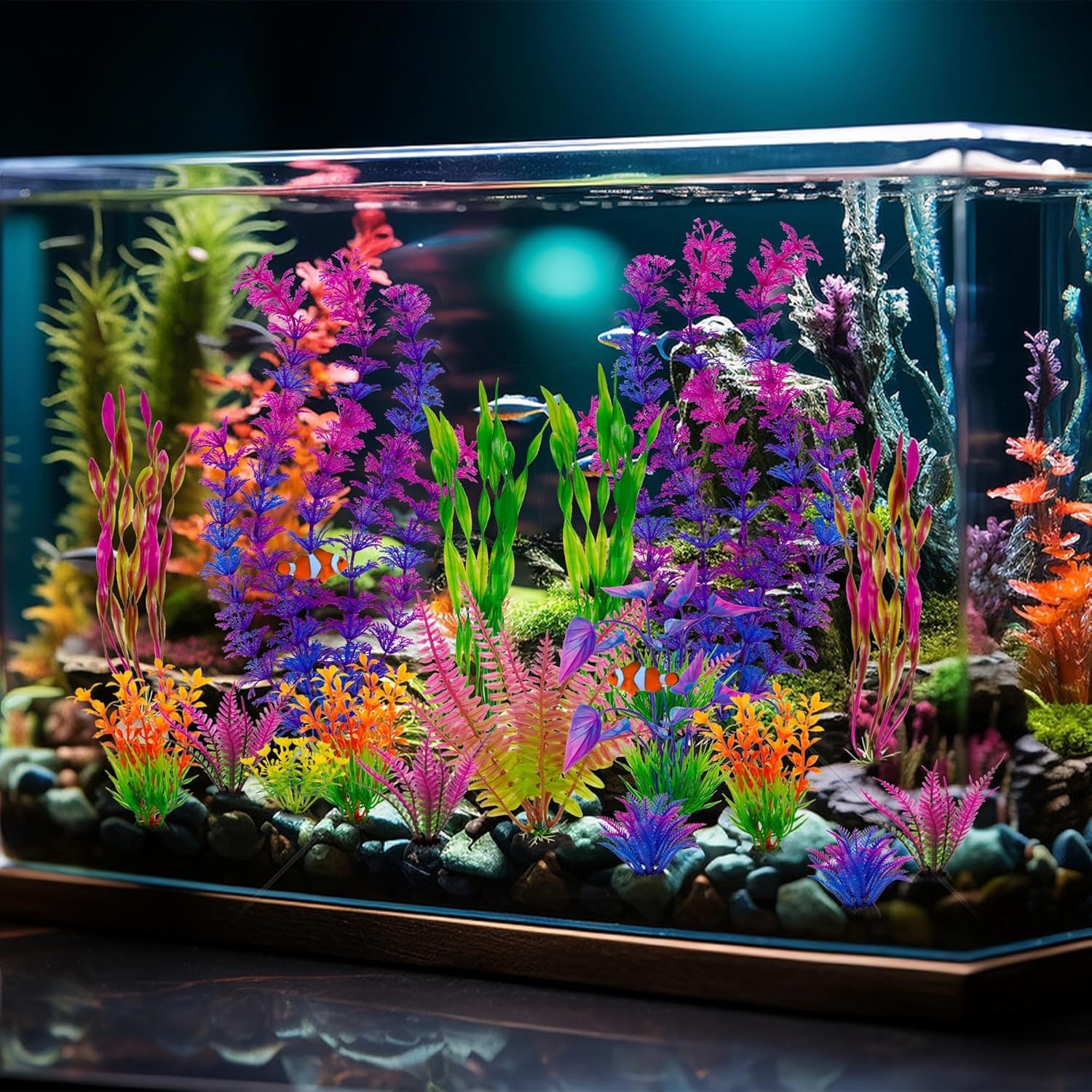 Ameliade Fish Tank Artificial Plastic Plants Decorations Large Tall, Colorful