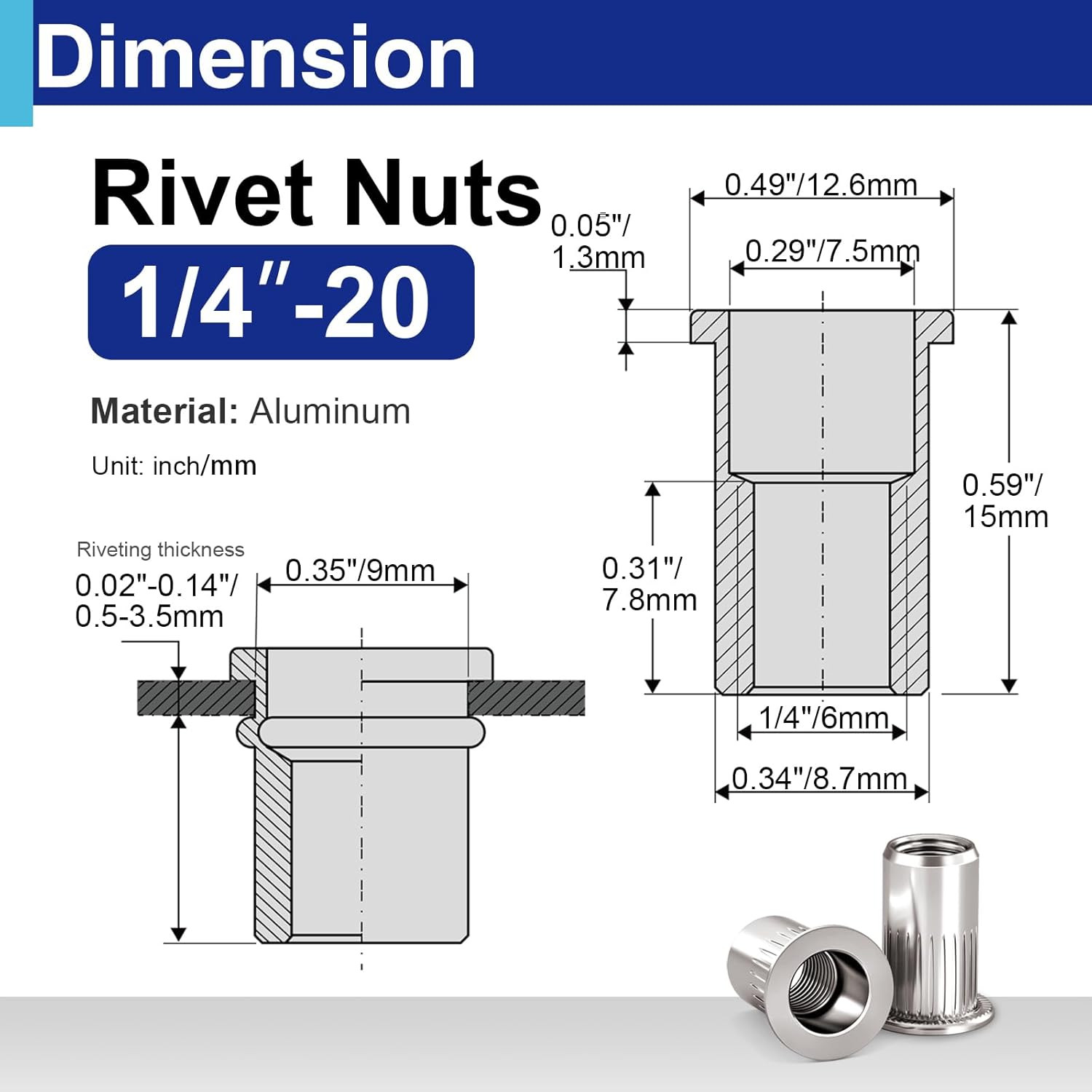 1/4-20 Aluminum Rivet Nuts, Threaded Inserts Rivnuts UNC Nutsert 28 Pcs