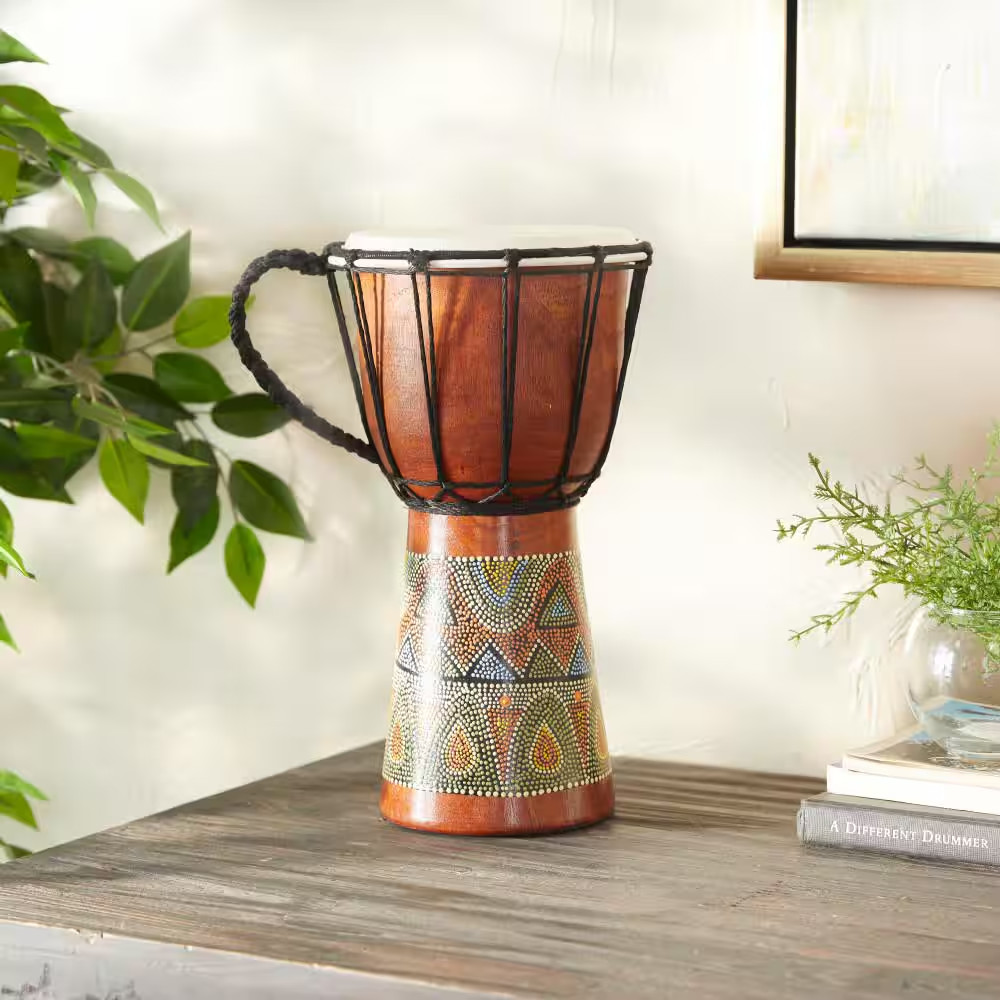 Brown Wood Handmade Djembe Drum Sculpture with Rope Accents