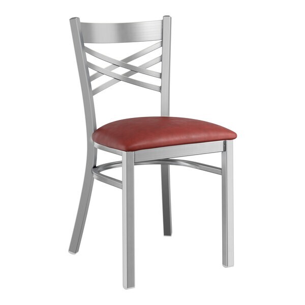 (10 PACK) Cross Back Clear Coat Metal Restaurant Chair With Burgundy Vinyl Seat