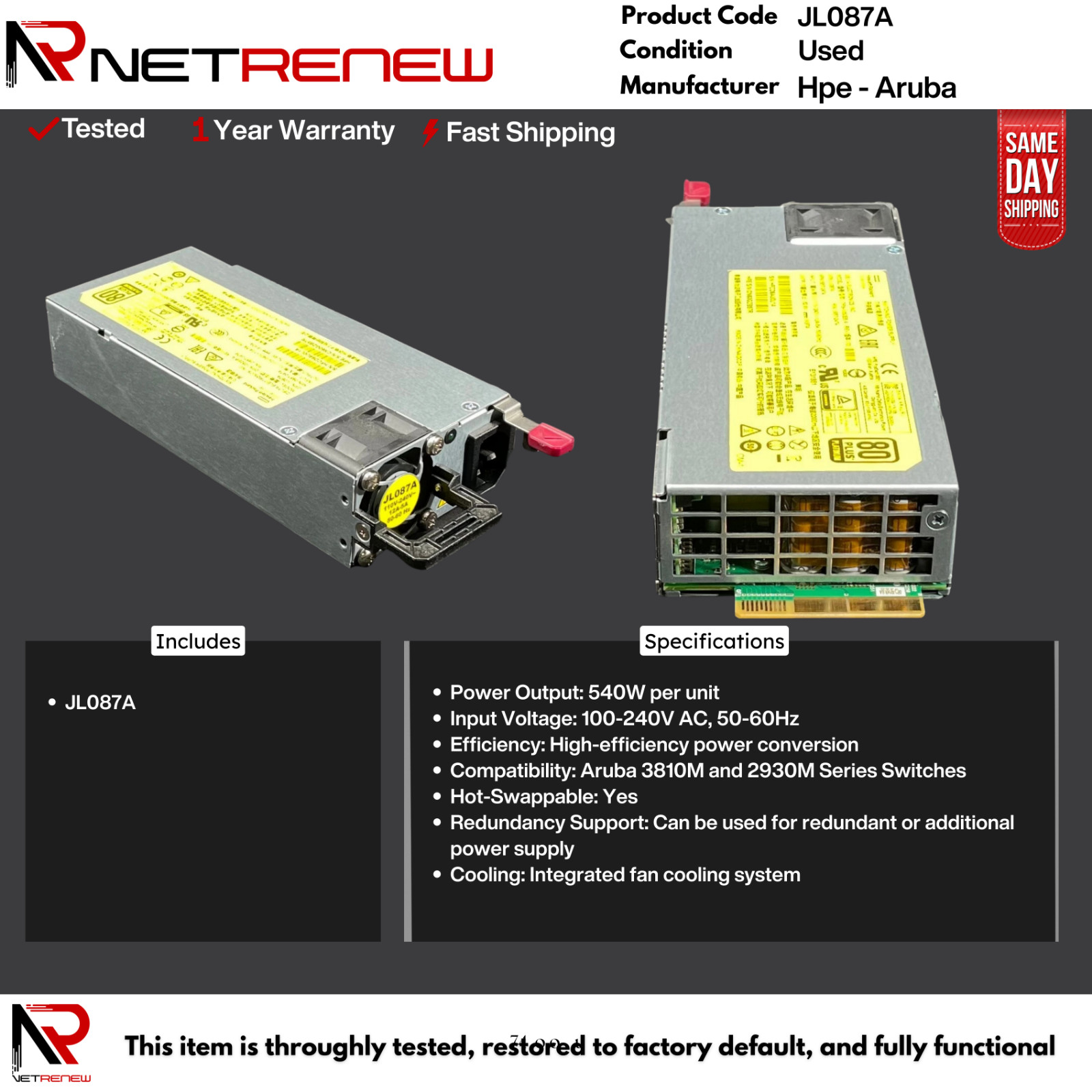 HPE JL087A Aruba 110-240VAC Power Supply