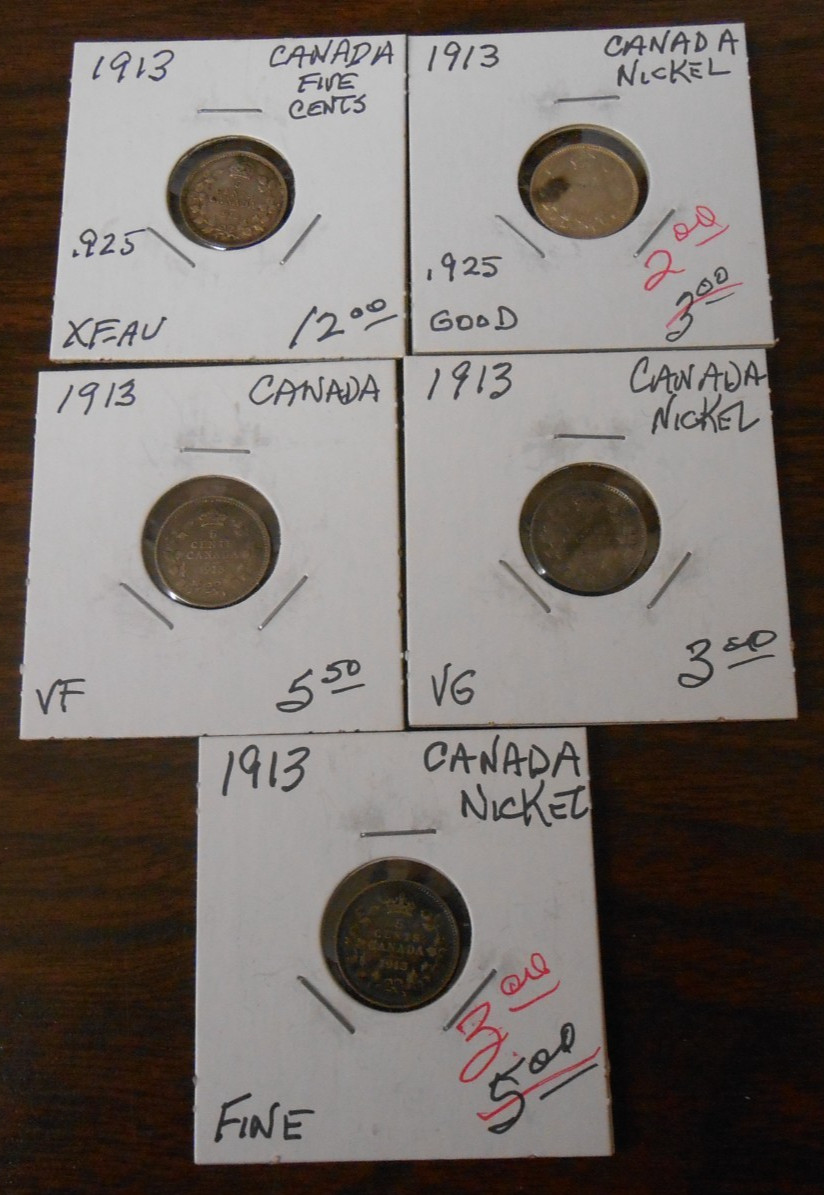 1913 CANADA 5 CENTS - GOOD, VERY GOOD, FINE, VERY FINE and EXTRA FINE - AU