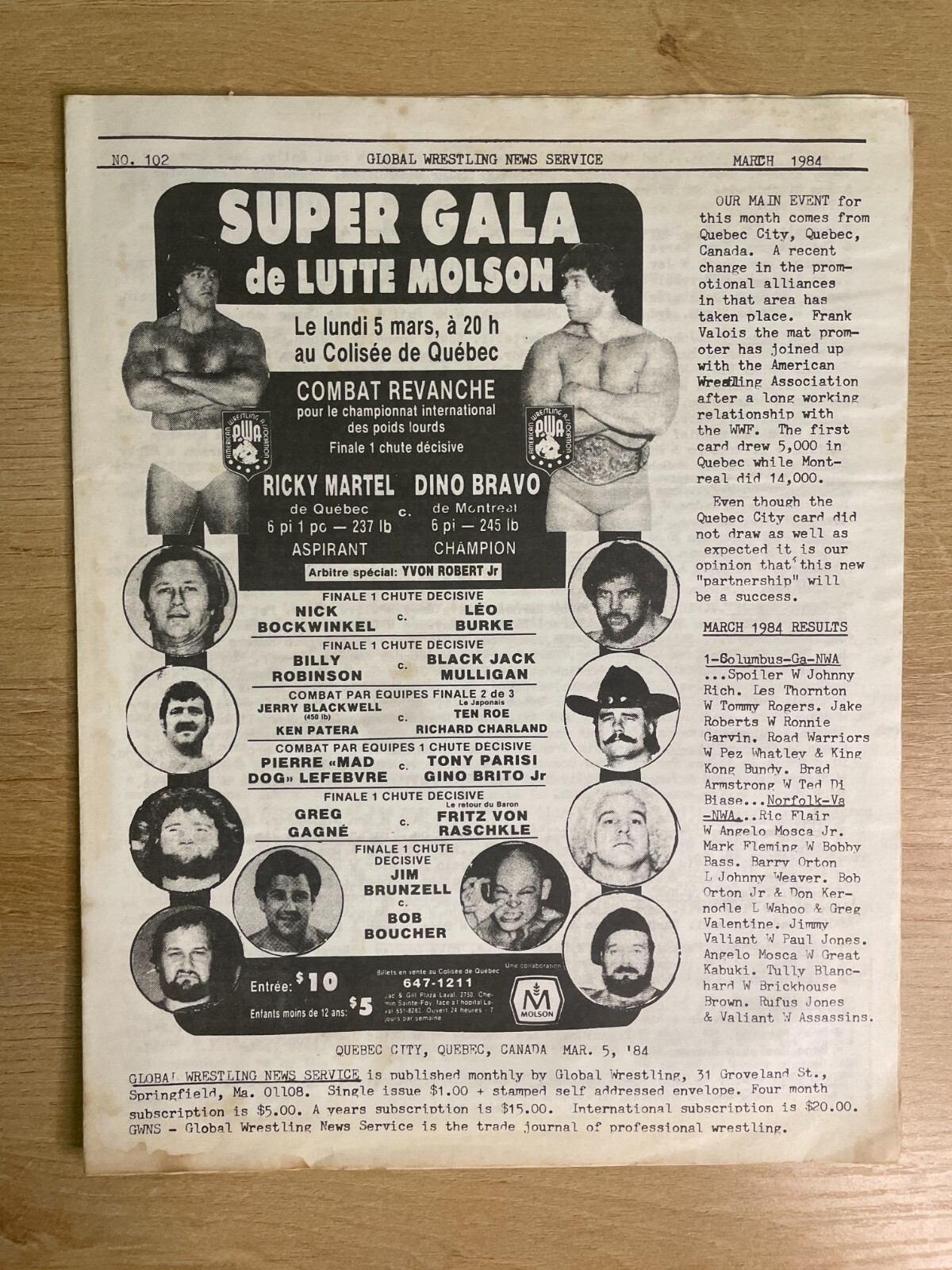 Global Wrestling News Service March 5, 1984 Wrestling Program B2445