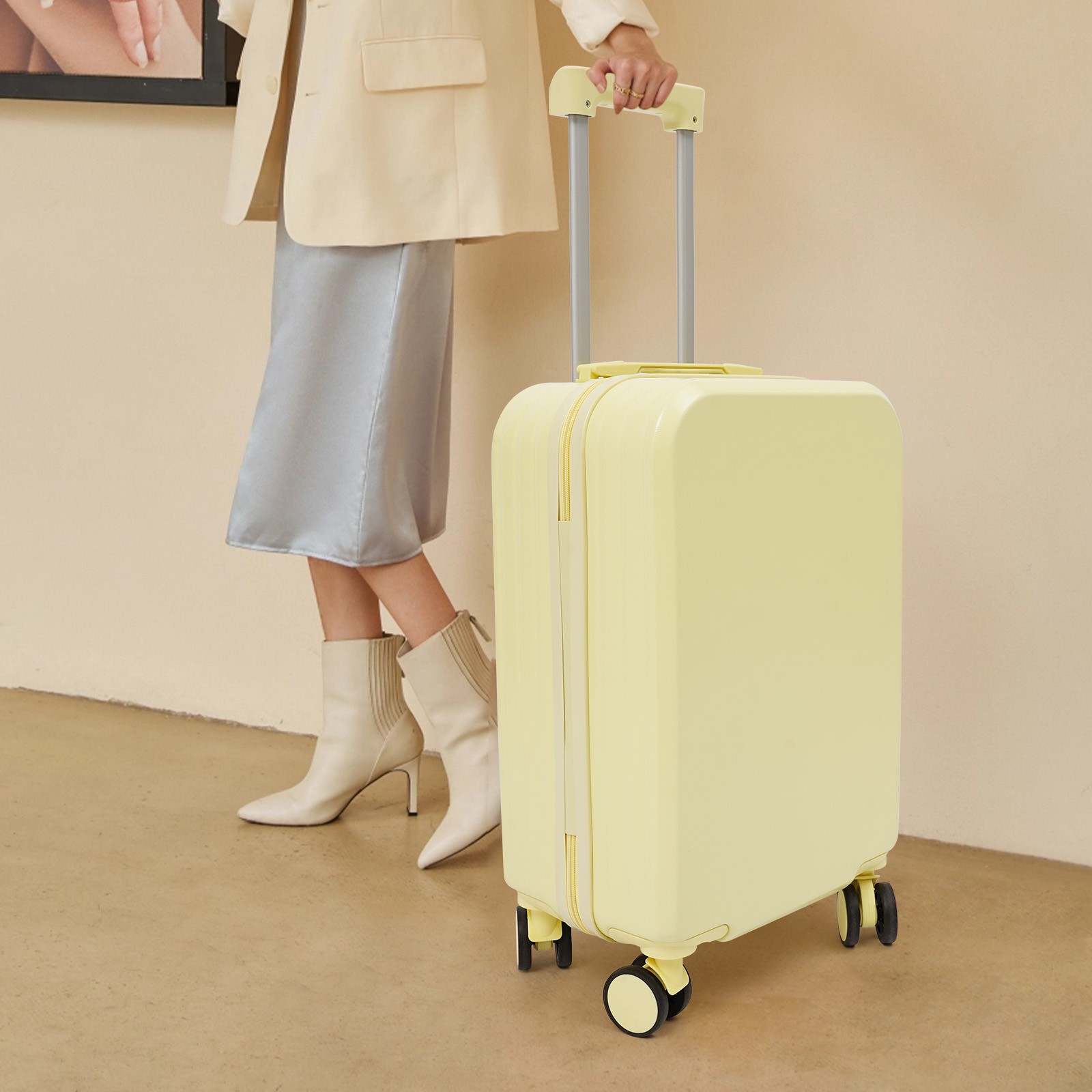 20" Travel Luggage Suitcase Carry On Luggage Suitcase Yellow with Cup Holder NEW