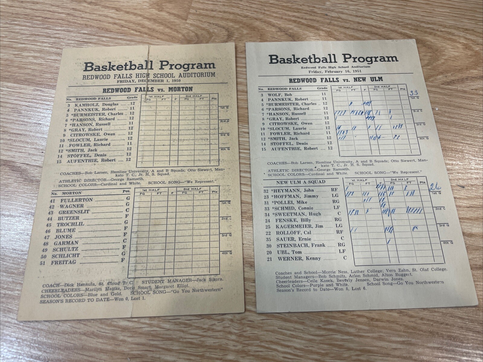 1950 51 Redwood Falls MN Basketball Programs Morton New Ulm