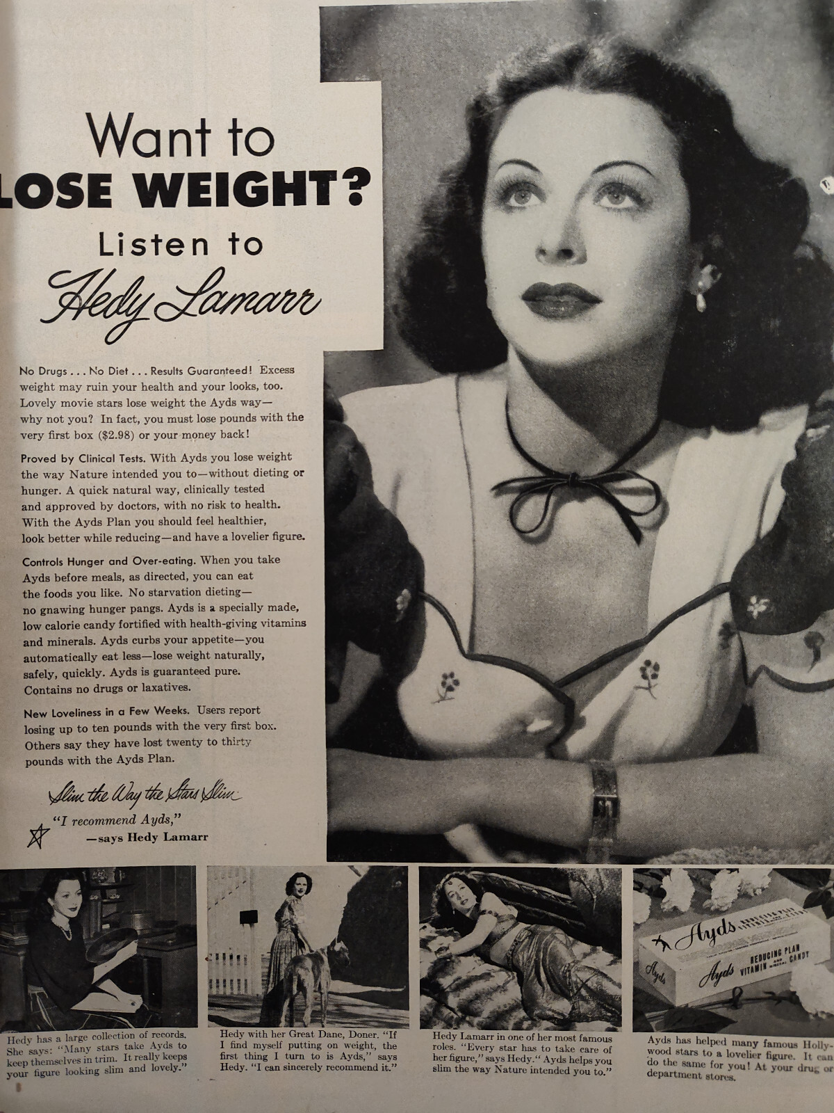 1953 LIFE Advertisement for AYDS Want to Lose Weight? Listen to HEDY LAMARR!