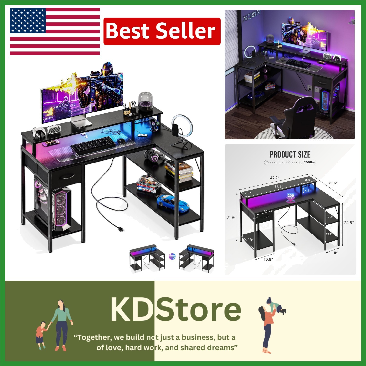 Compact Modern Gaming Desk with Built-in USB Ports & RGB Lighting - Small Spaces