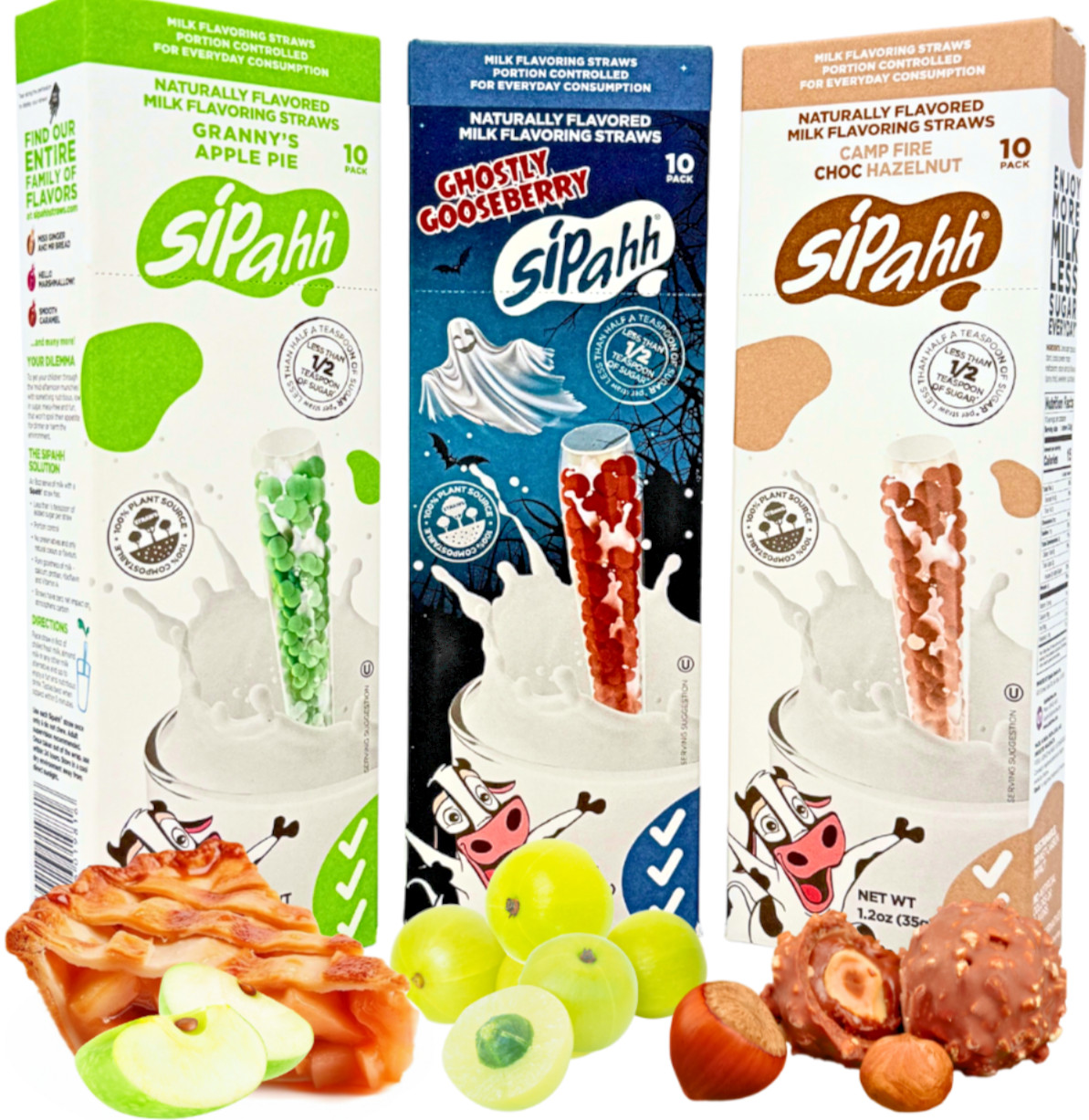 Sipahh 30 Pack Milk Straws Apple Pie, Choc Hazelnut, Gooseberry - Vegan Friendly