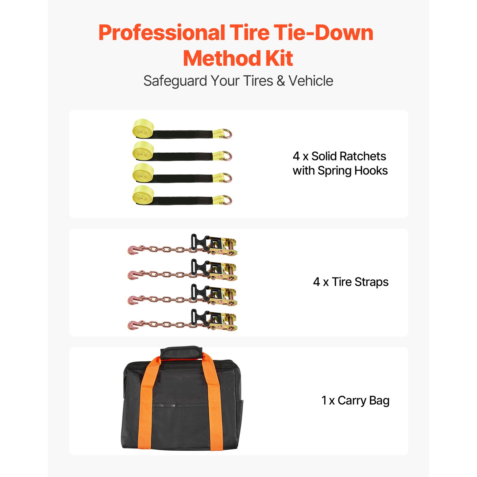 4 Set Wheel Chock Tie-Down Kit Flatbed Ratchet Tie Down Strap w/Durable Hooks