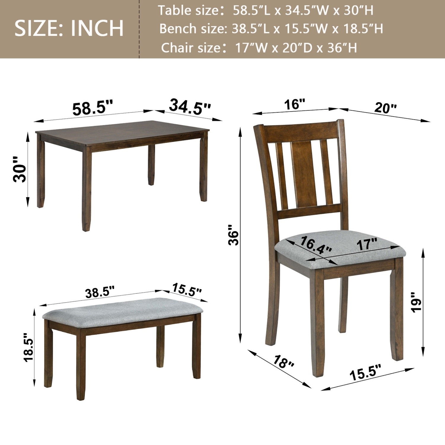 6 Piece Kitchen Dining Set Kitchen Table Wood Dining Table with 4 Chairs & Bench