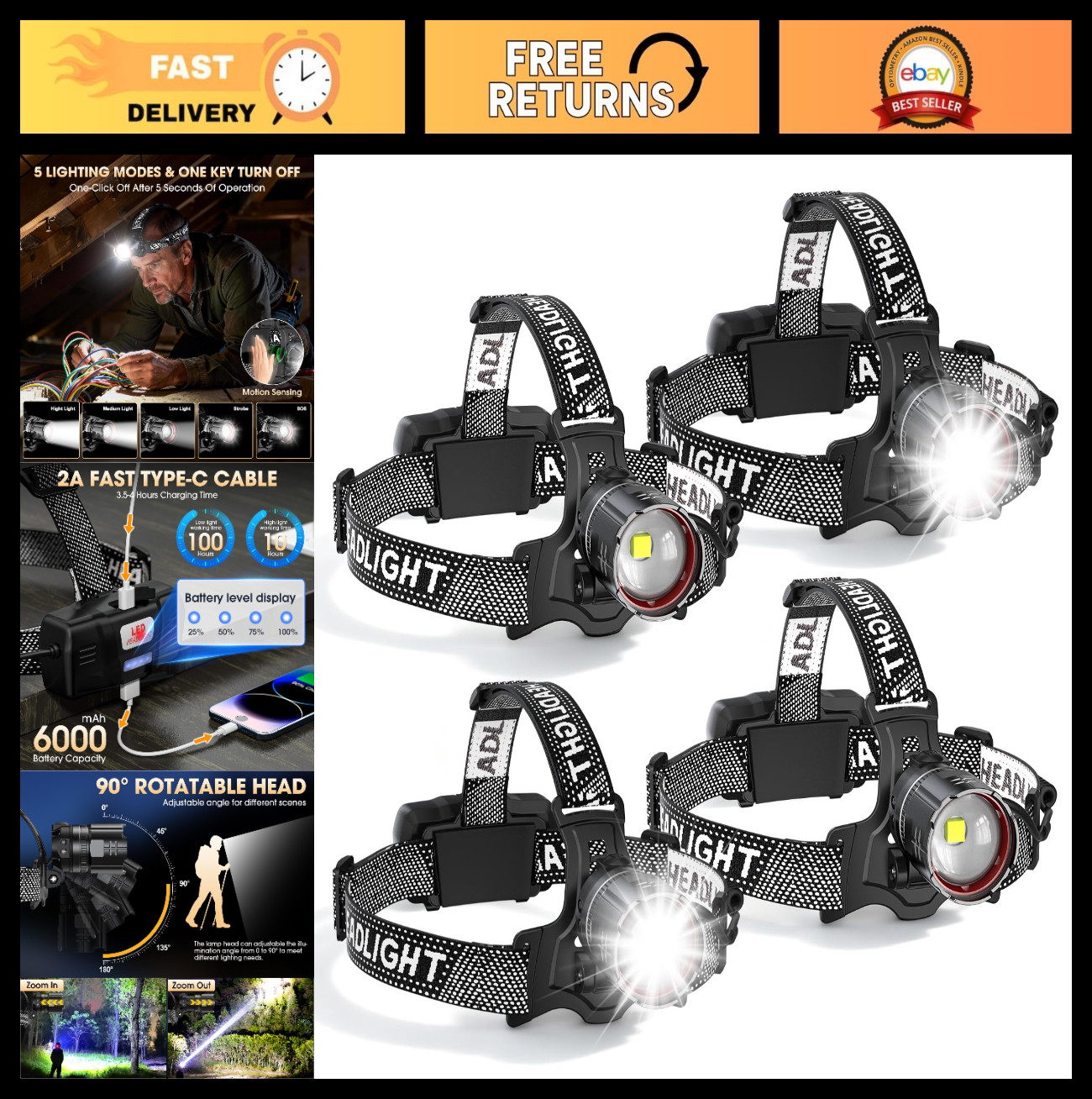 Bright LED Headlamp 4 Pack - Rechargeable, Motion Sensor, 5 Modes, Waterproof, A