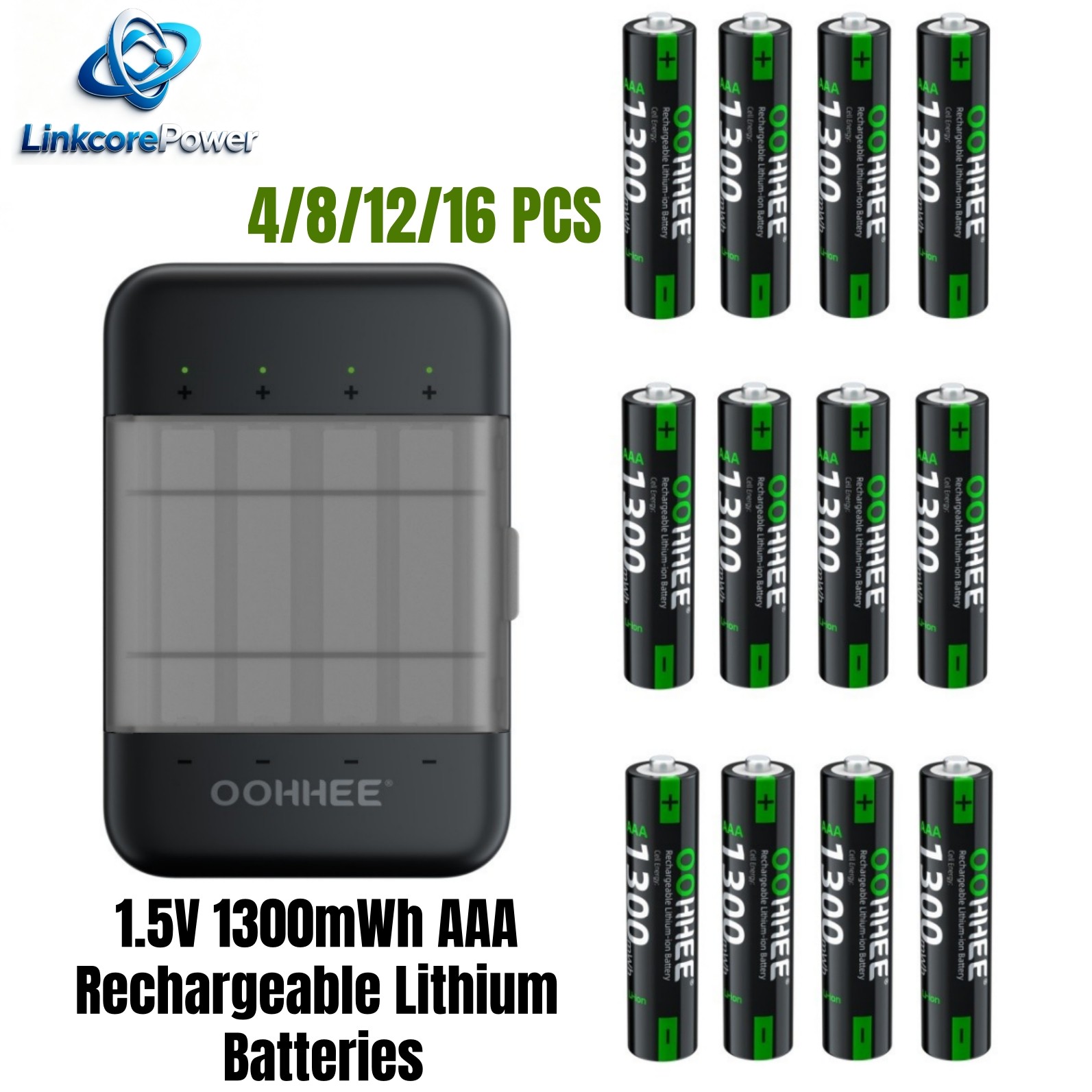 4/8/12/16x 1300mWh AAA Rechargeable Lithium Battery + 1.5V Charging Storage Box