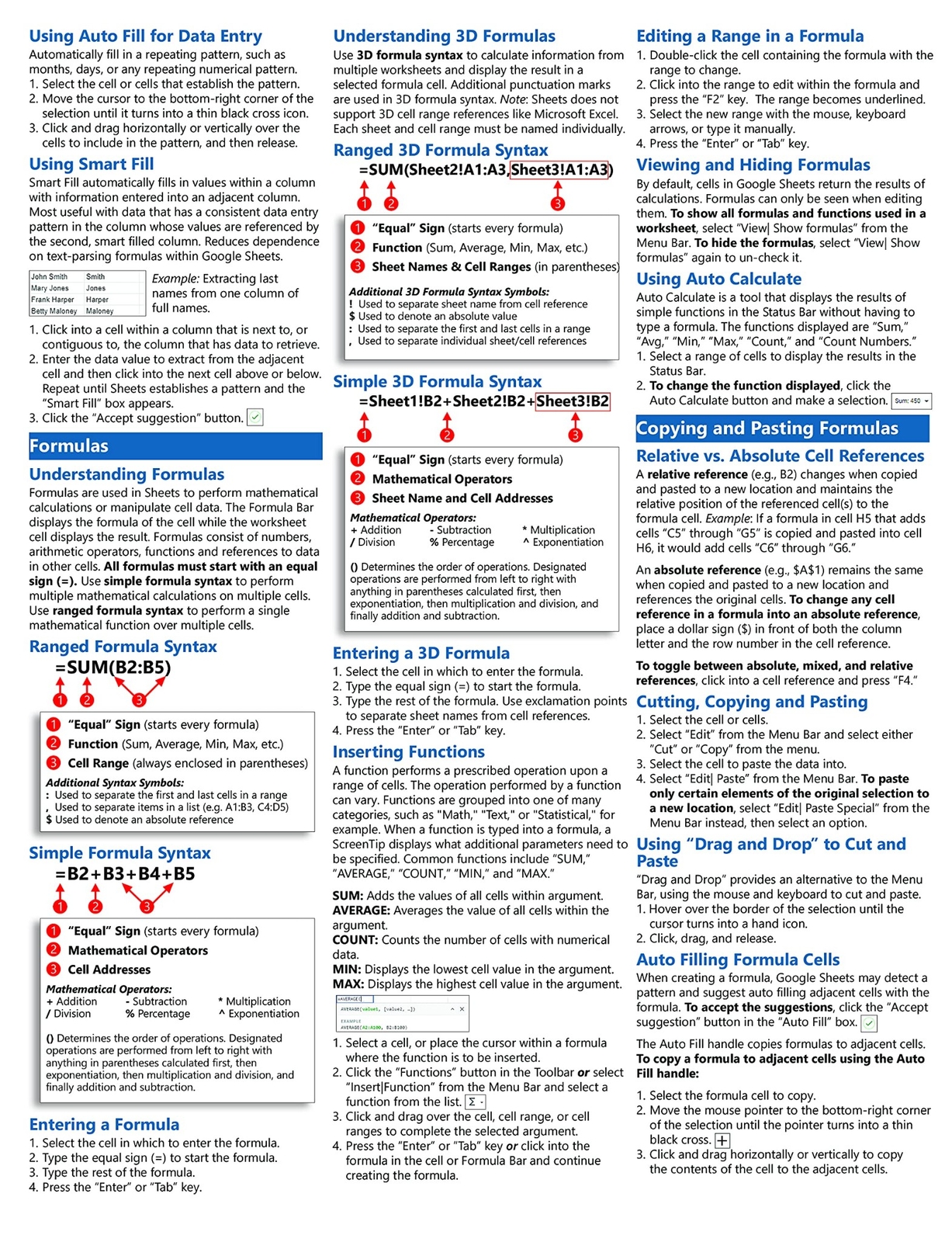 Google Sheets Training Guide Quick Reference Card 4 Page Cheat Sheet Help