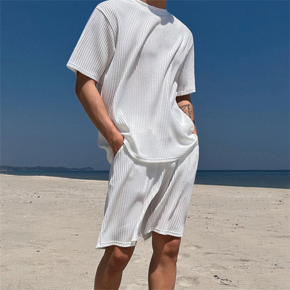 Mens Tracksuit 2-Piece Set Short Sleeve T Shirts  Shorts Sweatsuit Outfit Set